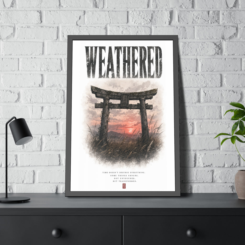 Weathered  Framed Poster — Japanese Shrine Sunset Wall Art