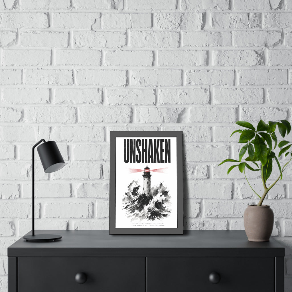 Framed Poster "UNSHAKEN" Lighthouse Art Print — Nautical Wall Decor