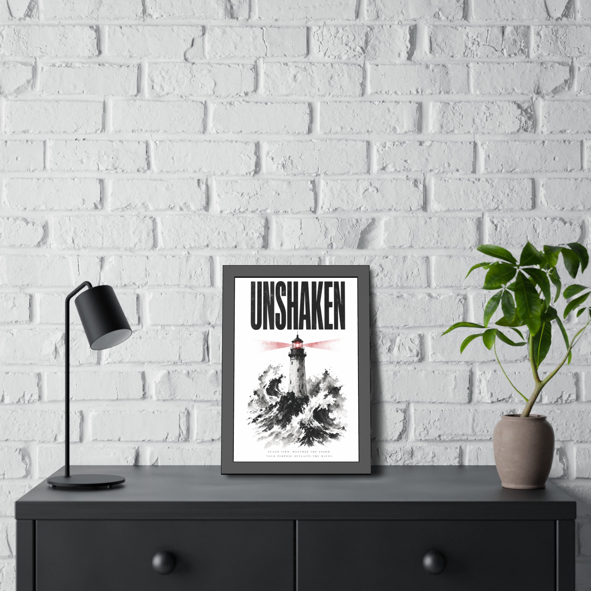 Framed Poster "UNSHAKEN" Lighthouse Art Print — Nautical Wall Decor
