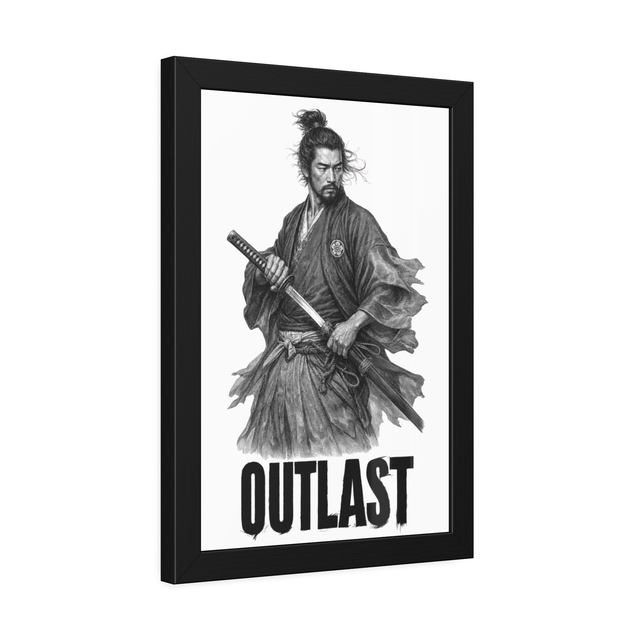 Framed Samurai 'OUTLAST' Paper Poster – Monochrome Warrior Wall Art