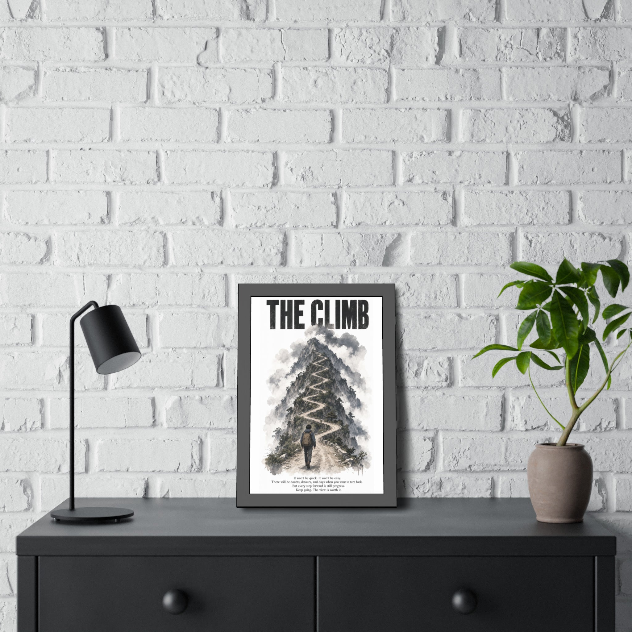 Framed Poster – "The Climb" Motivational Mountain Art Print