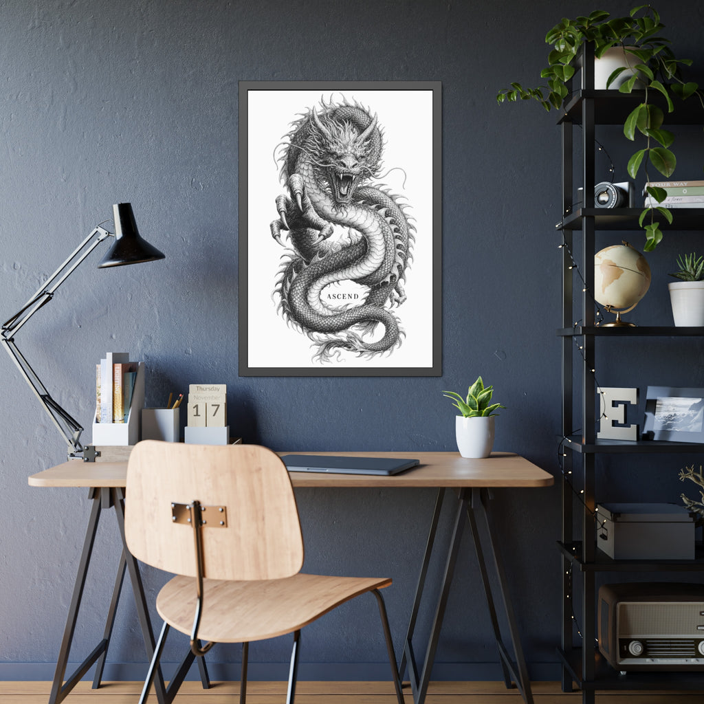Framed Dragon Art Print — Black & White 'Ascend' Poster