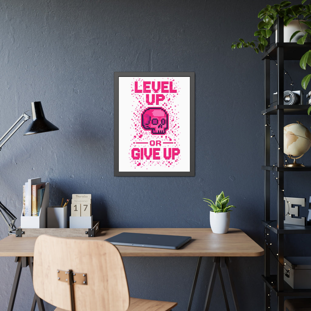 Framed Poster — "Level Up or Give Up" Pixel Skull Motivational Wall Art