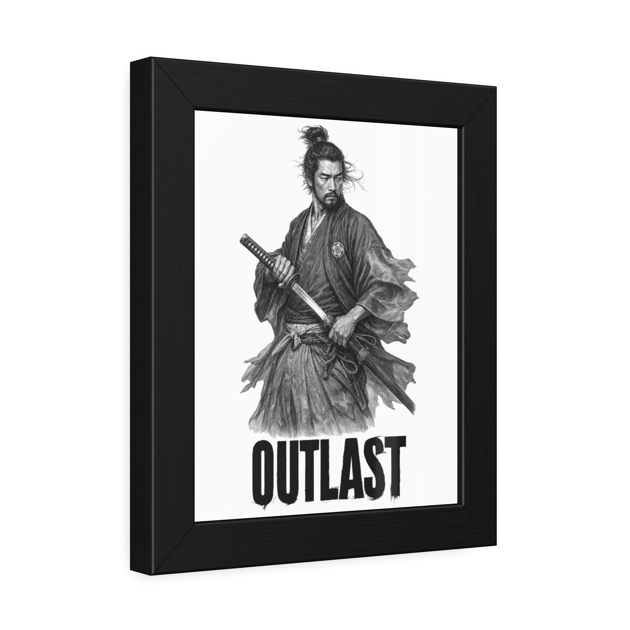Framed Samurai 'OUTLAST' Paper Poster – Monochrome Warrior Wall Art