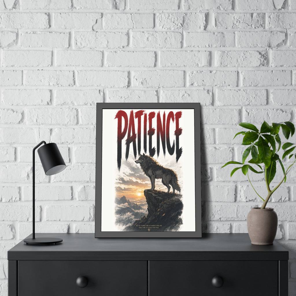 Patience Wolf Framed Poster — Inspirational Nature Wall Art