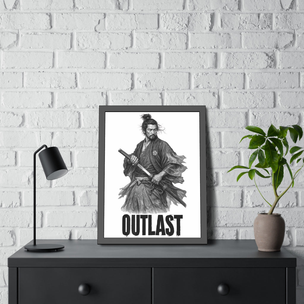 Framed Samurai 'OUTLAST' Paper Poster – Monochrome Warrior Wall Art