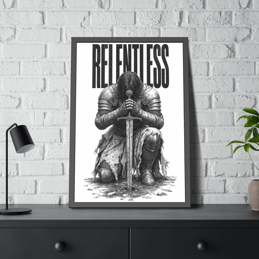 Relentless Knight Framed Paper Poster — Inspirational Medieval Armor Art