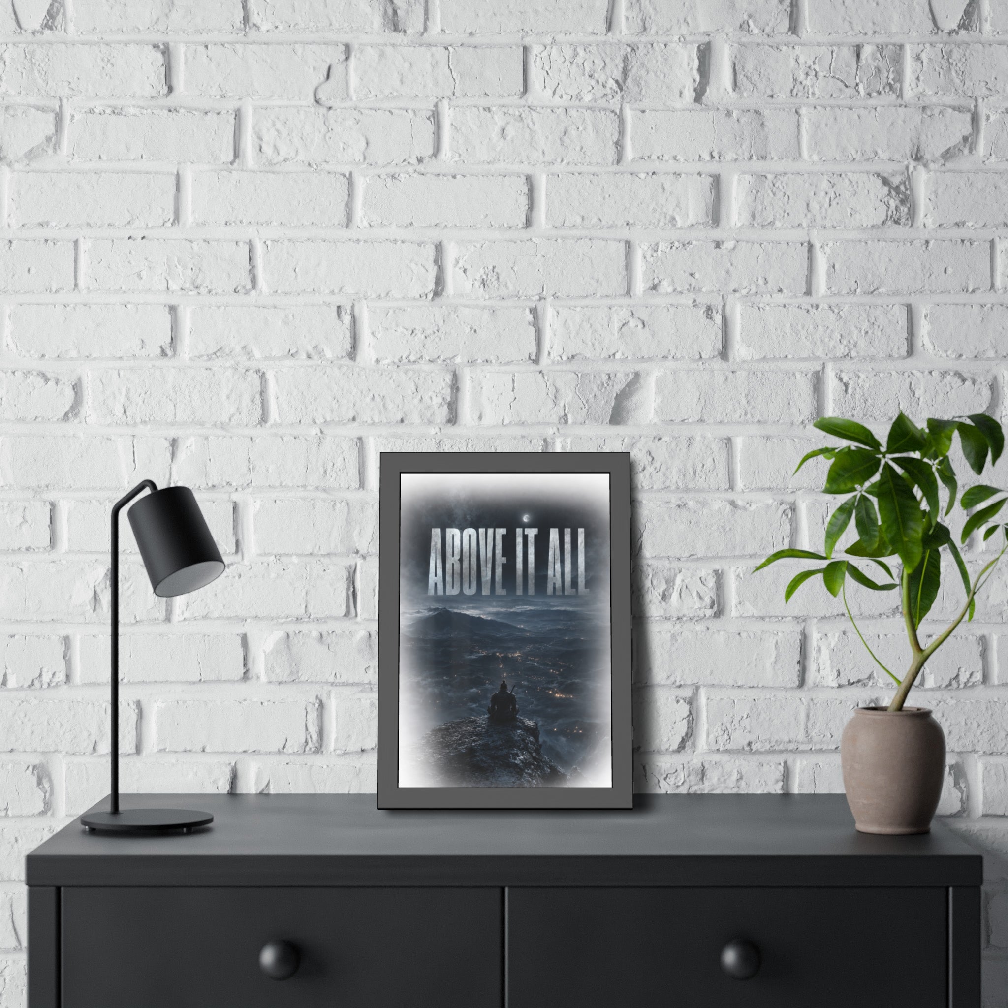 Above It All Framed Poster — Moody Mountain Nightscape Wall Art