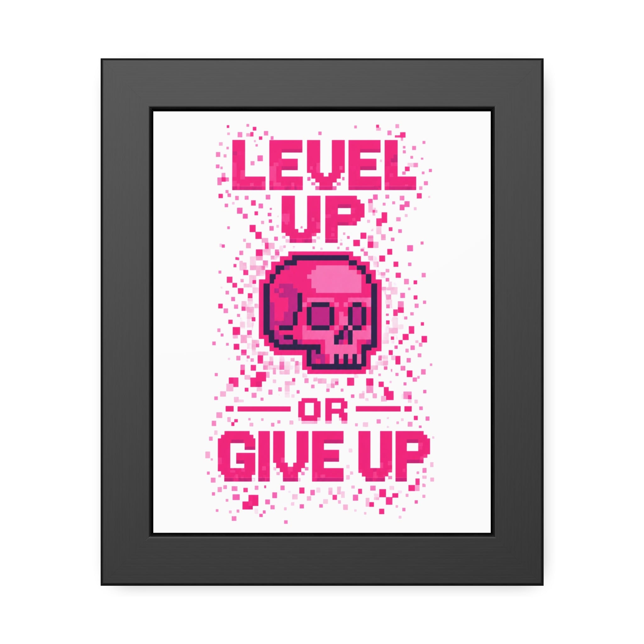 Framed Poster — "Level Up or Give Up" Pixel Skull Motivational Wall Art