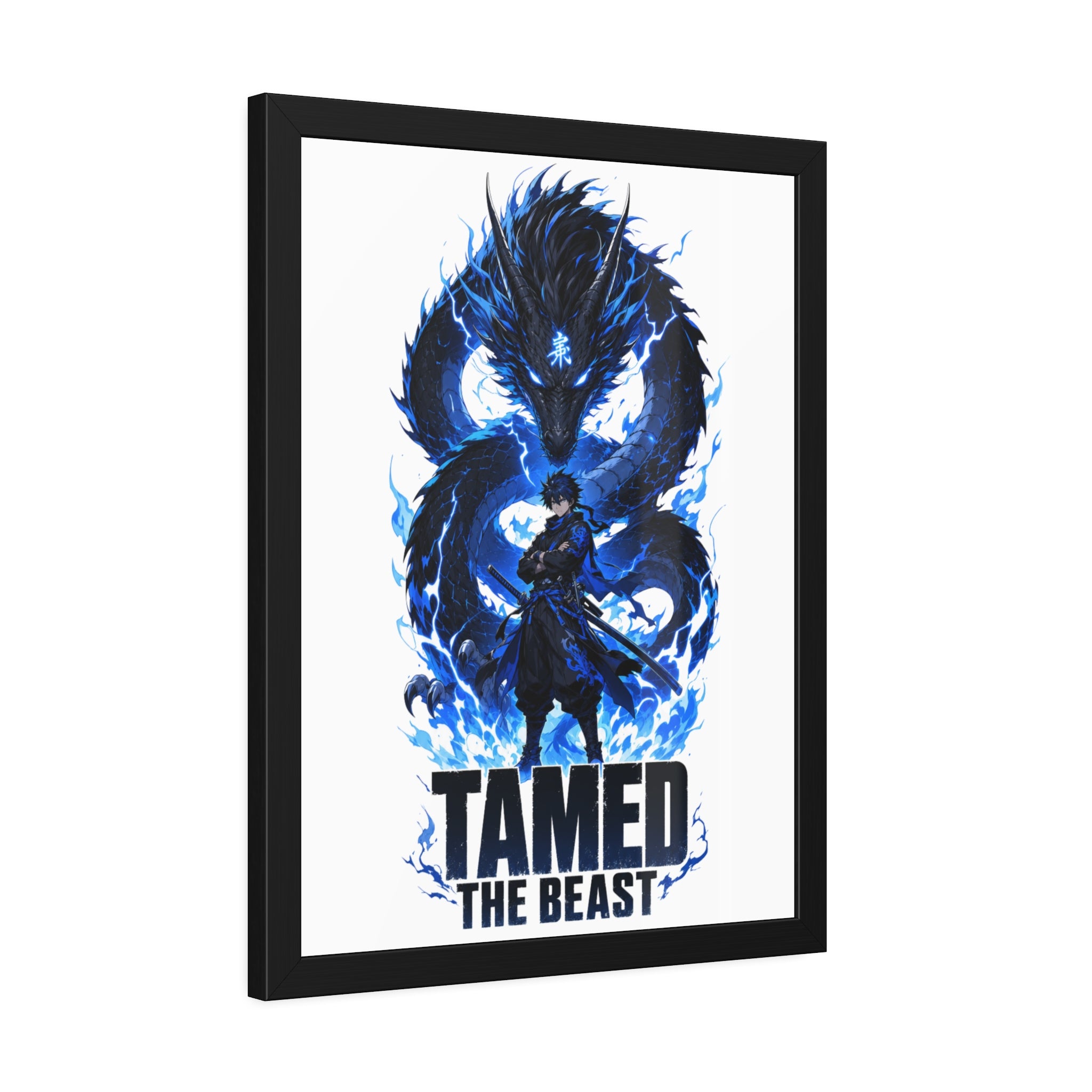 Framed Poster — "Tamed the Beast" Blue Dragon Fantasy Art