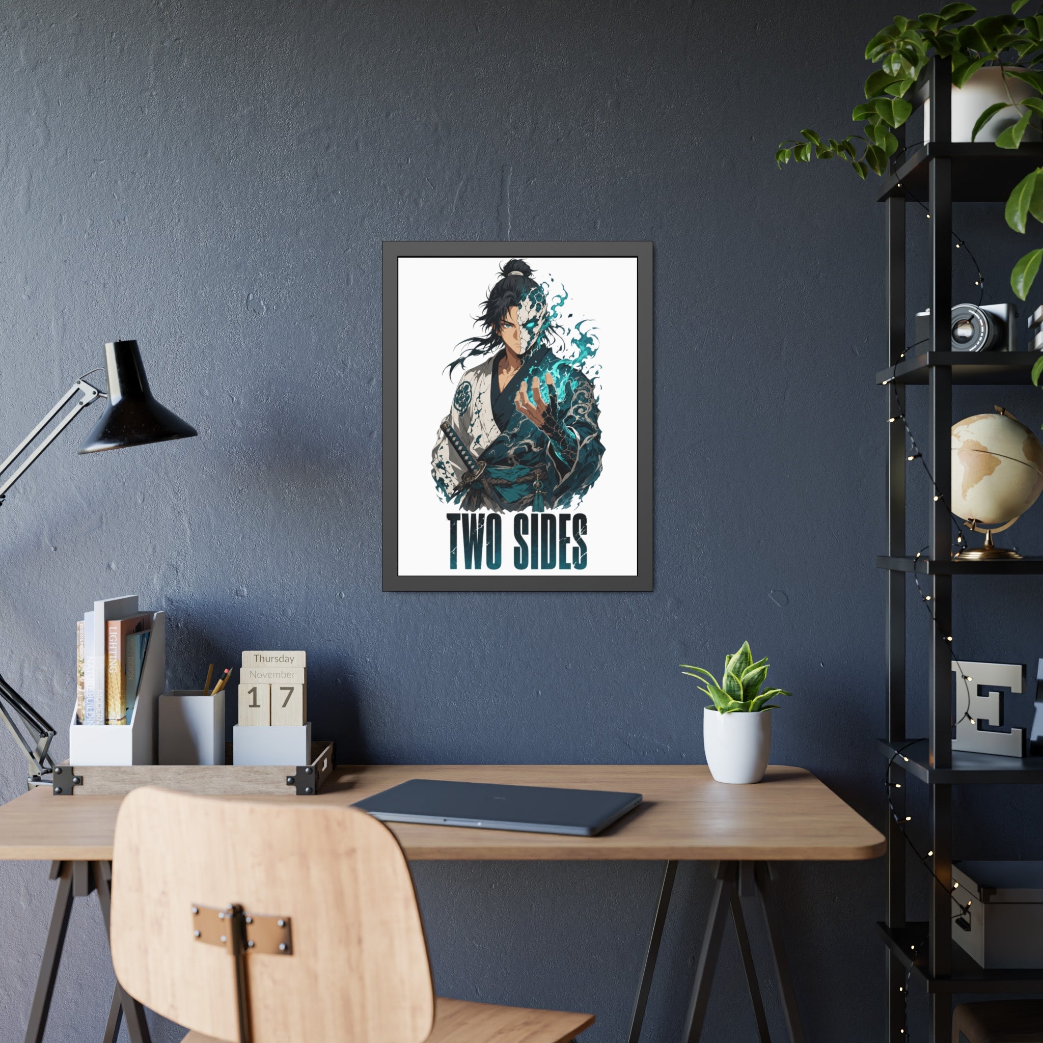 Two Sides Samurai Framed Art Print — Duality Warrior Poster
