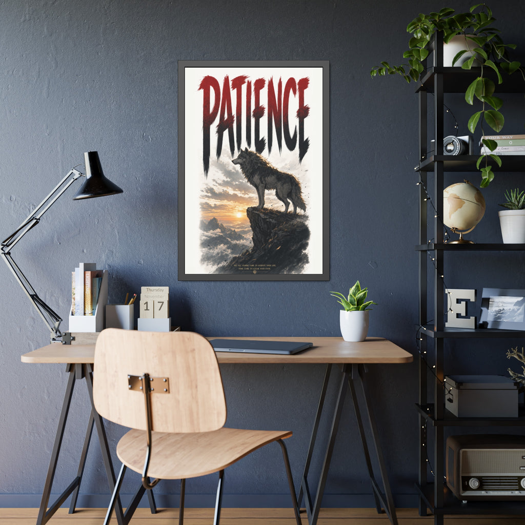 Patience Wolf Framed Poster — Inspirational Nature Wall Art