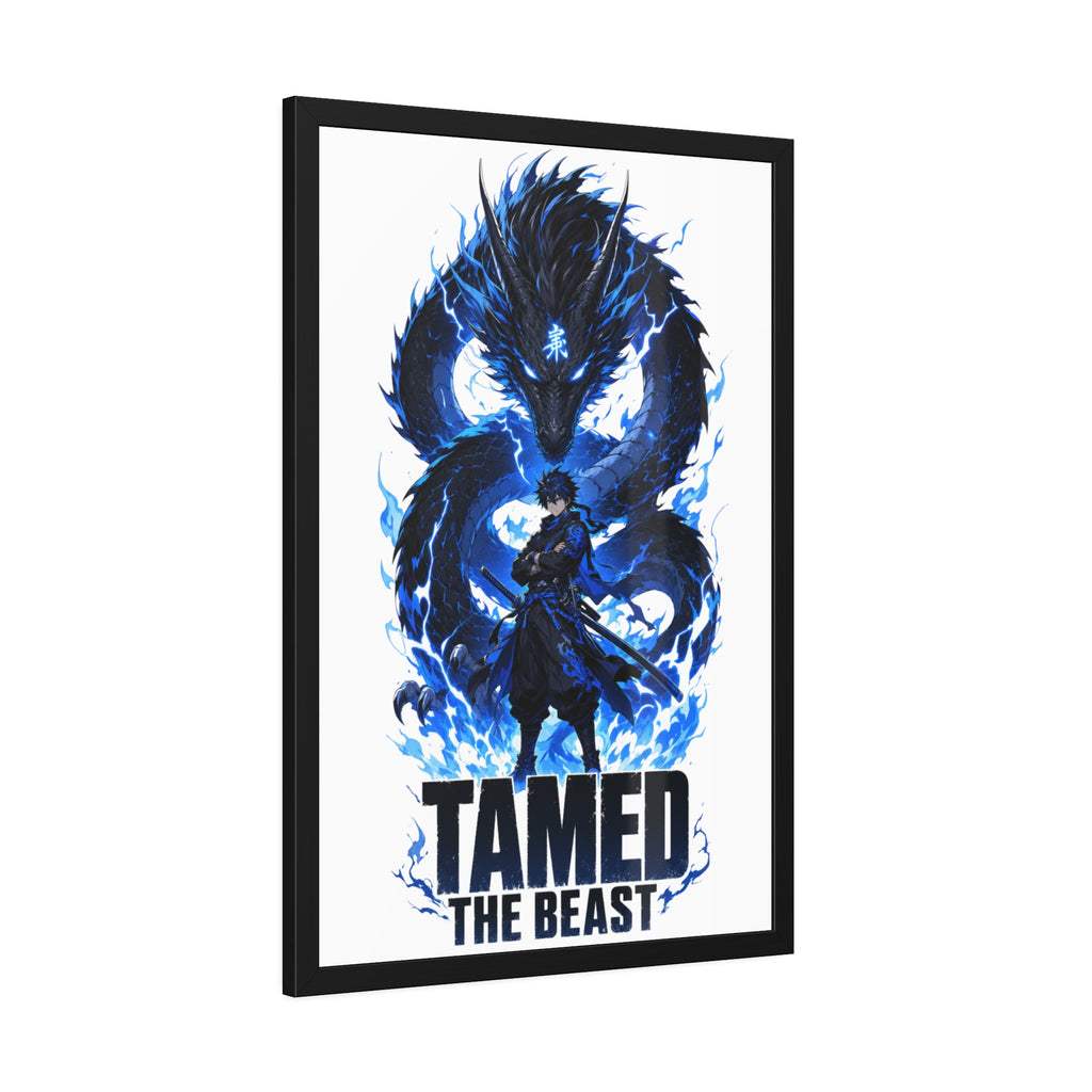Framed Poster — "Tamed the Beast" Blue Dragon Fantasy Art