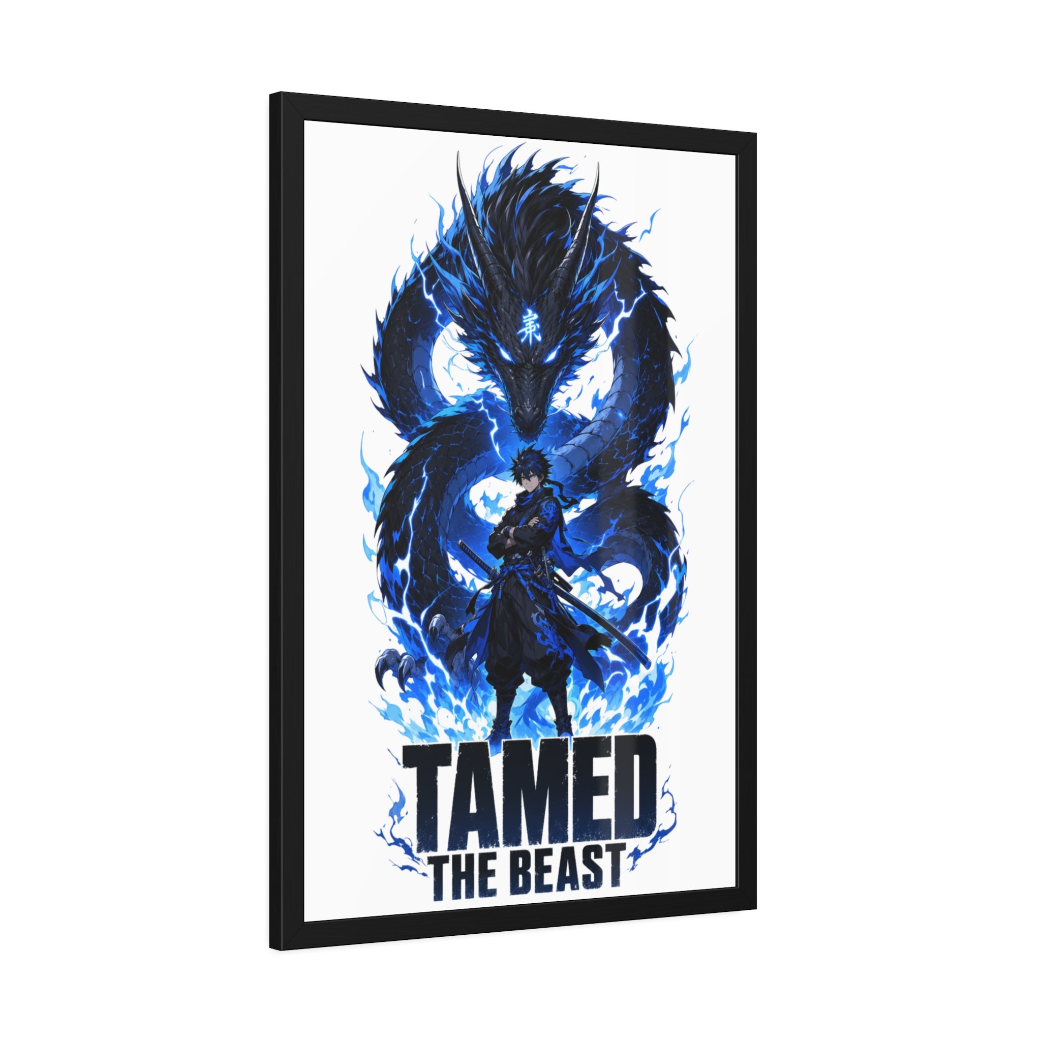 Framed Poster — "Tamed the Beast" Blue Dragon Fantasy Art