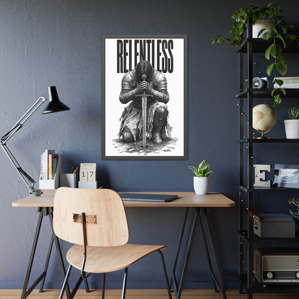 Relentless Knight Framed Paper Poster — Inspirational Medieval Armor Art
