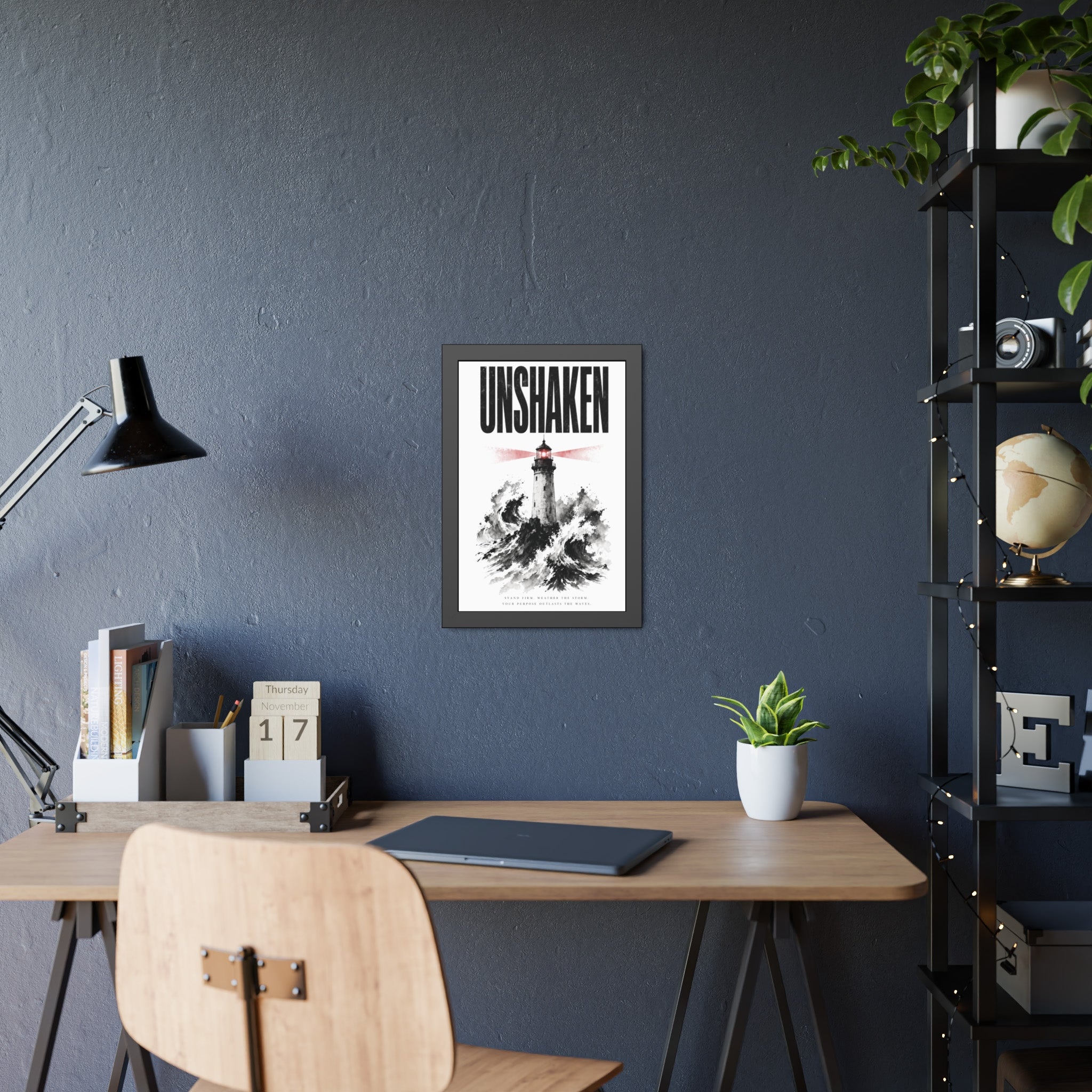 Framed Poster "UNSHAKEN" Lighthouse Art Print — Nautical Wall Decor