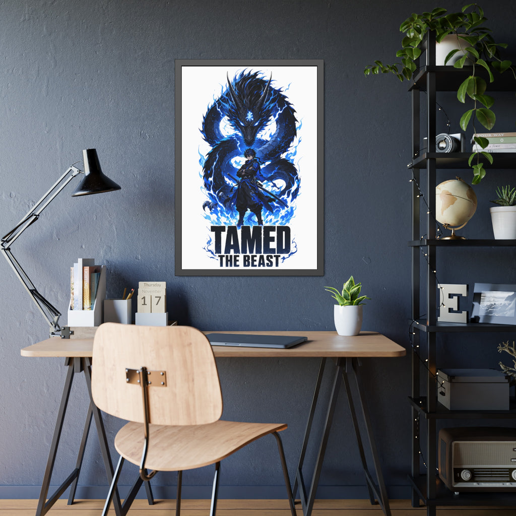 Framed Poster — "Tamed the Beast" Blue Dragon Fantasy Art