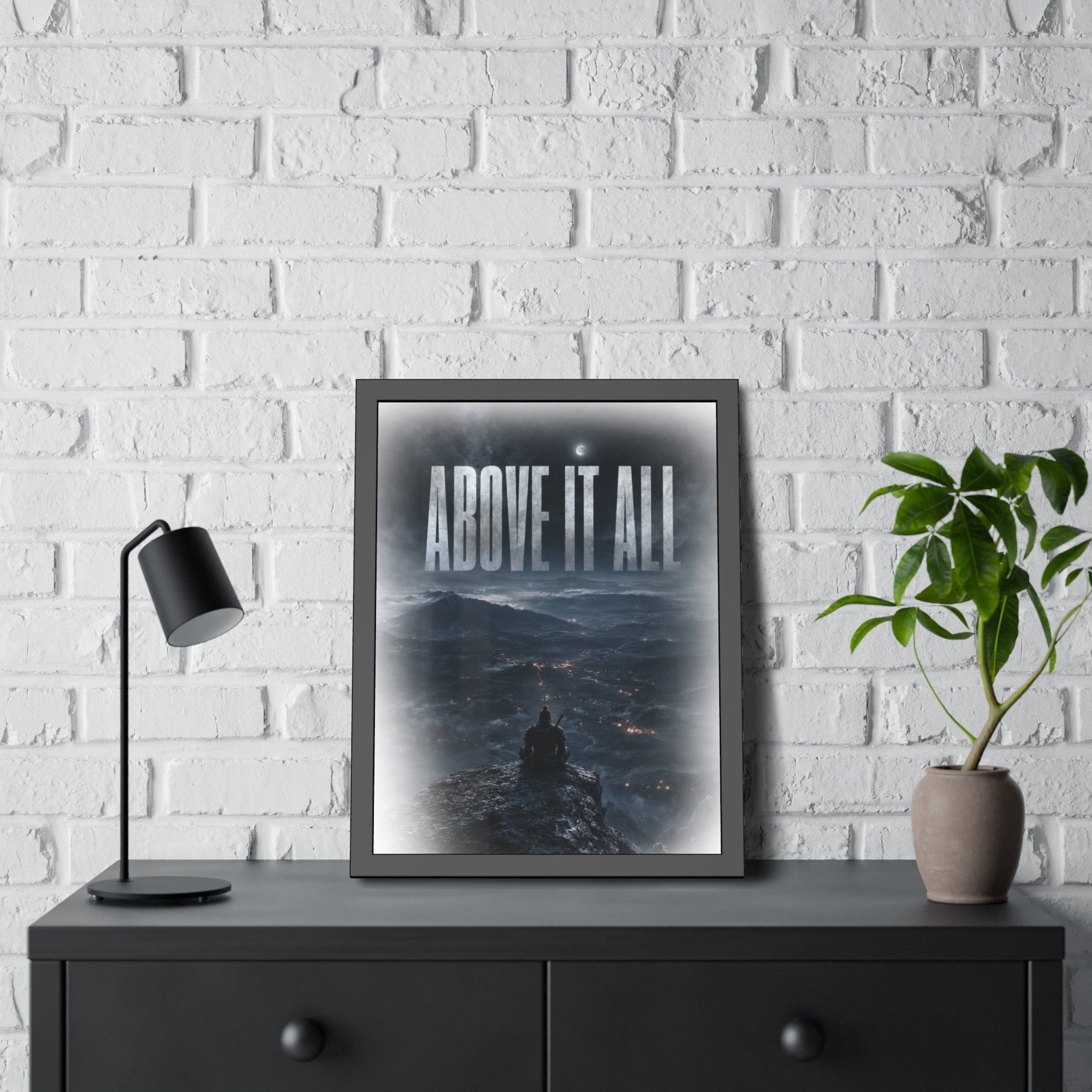 Above It All Framed Poster — Moody Mountain Nightscape Wall Art
