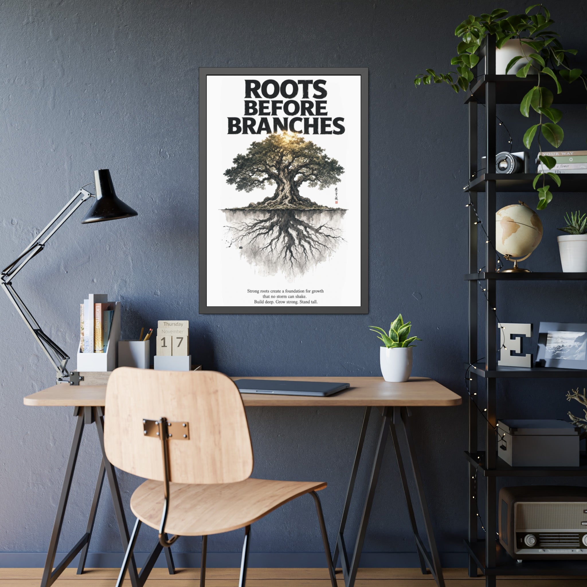 Framed Poster — "Roots Before Branches" Floral Tree Wall Art
