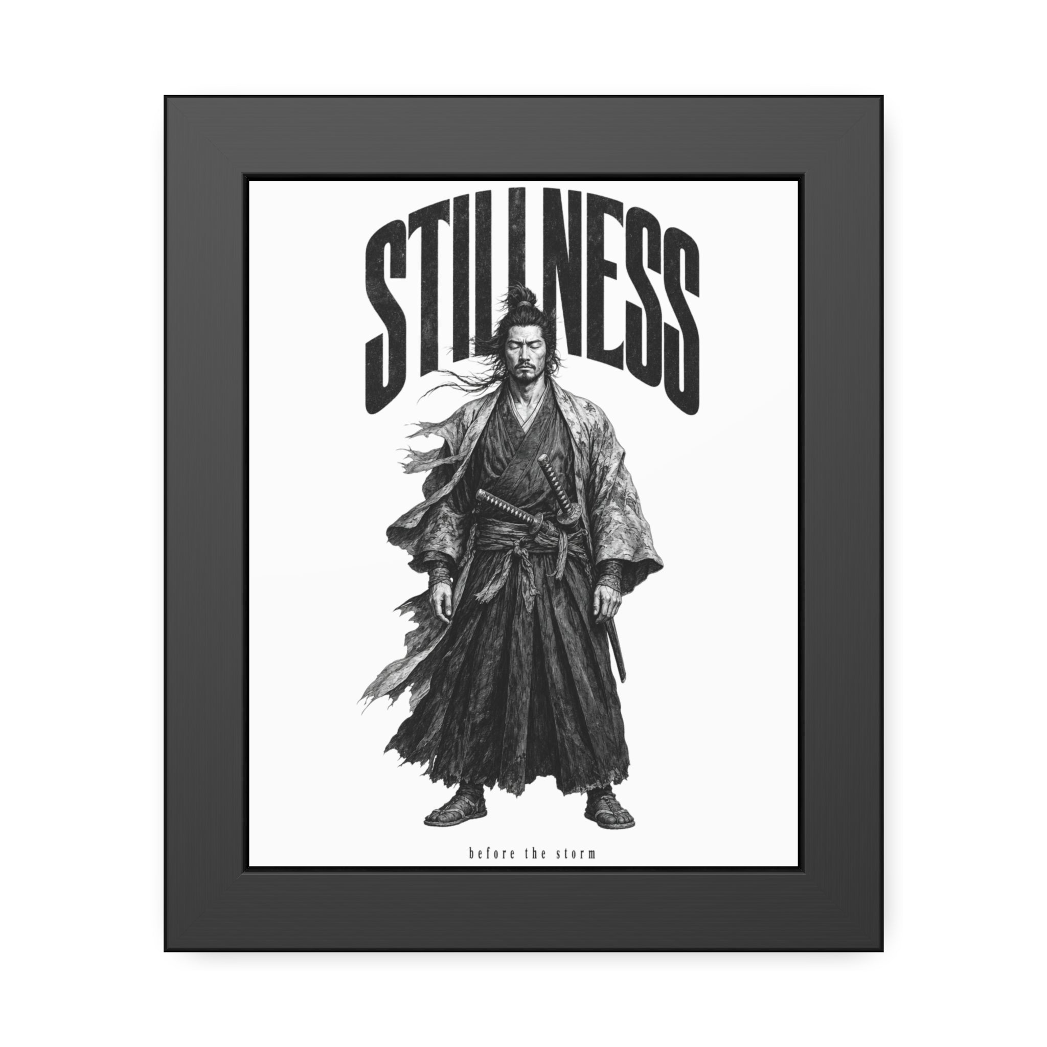 Stillness Samurai Framed Poster — 'Before the Storm' Black & White Warrior Art