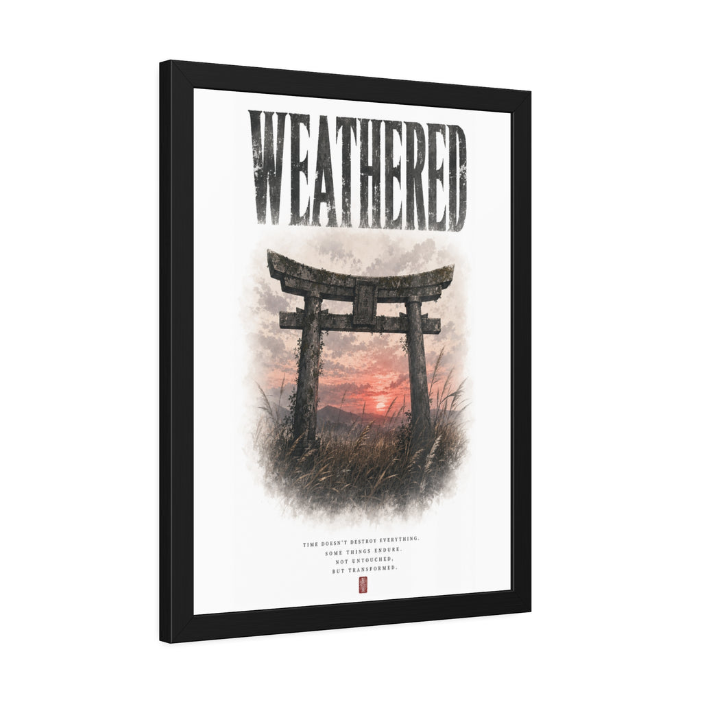 Weathered  Framed Poster — Japanese Shrine Sunset Wall Art