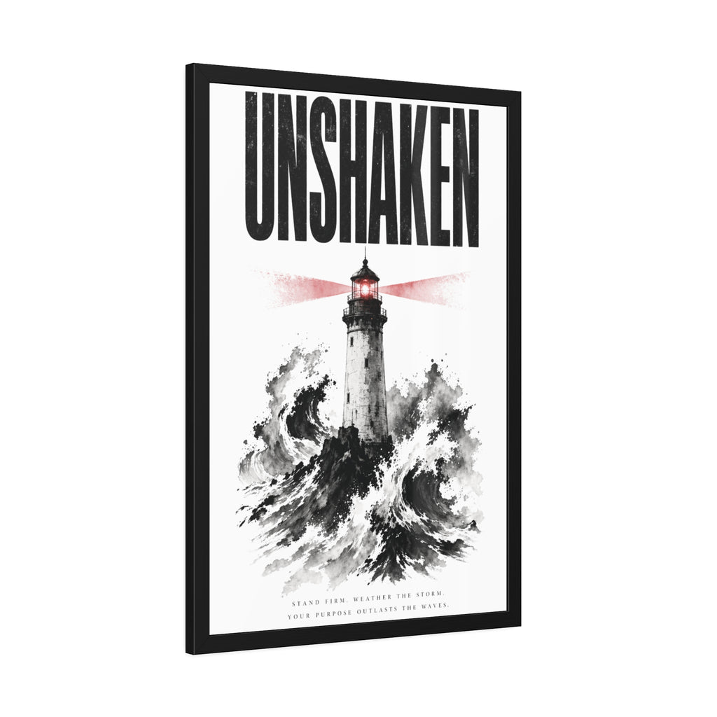 Framed Poster "UNSHAKEN" Lighthouse Art Print — Nautical Wall Decor
