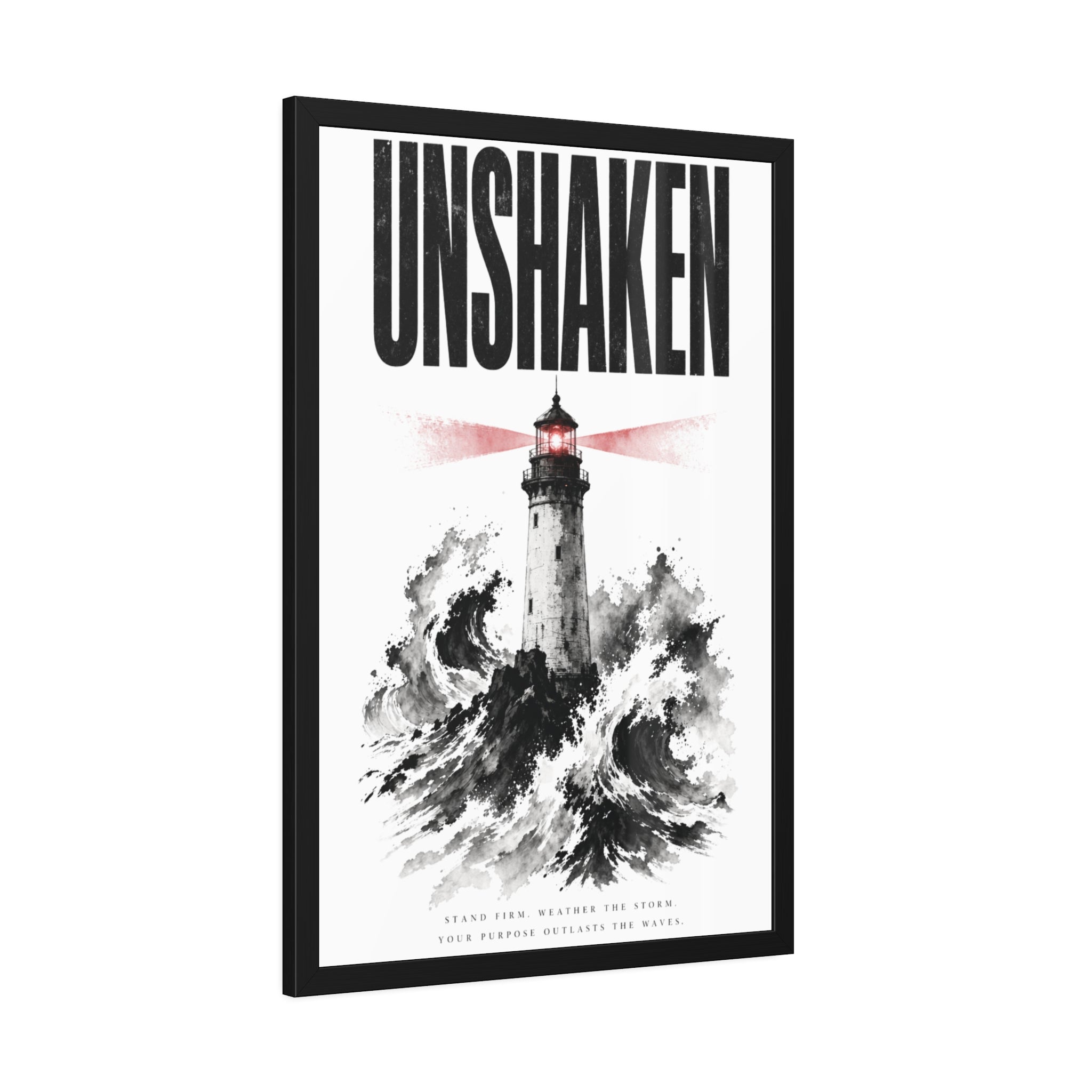 Framed Poster "UNSHAKEN" Lighthouse Art Print — Nautical Wall Decor