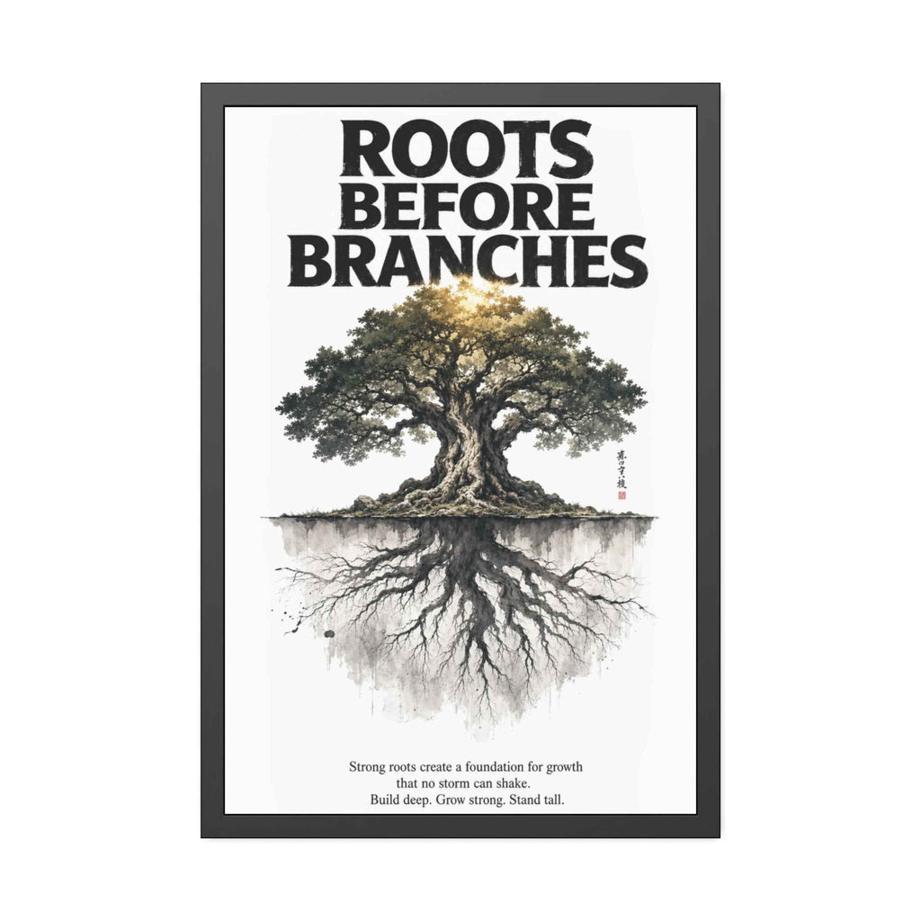 Framed Poster — "Roots Before Branches" Floral Tree Wall Art