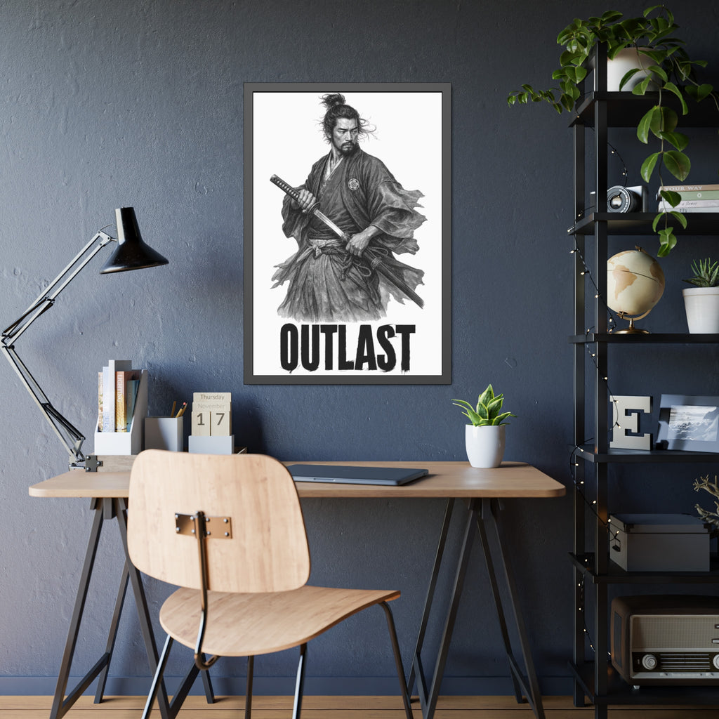 Framed Samurai 'OUTLAST' Paper Poster – Monochrome Warrior Wall Art