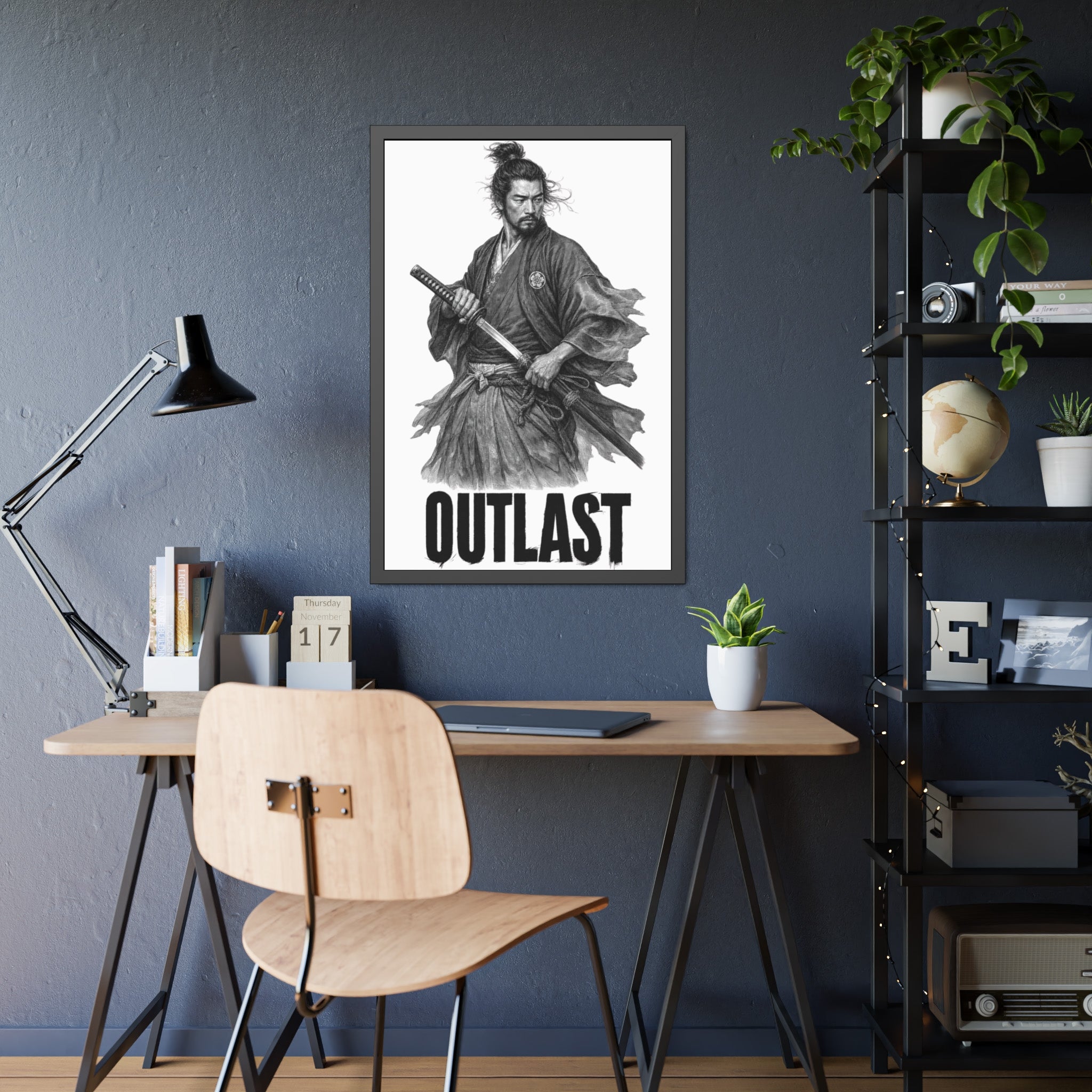 Framed Samurai 'OUTLAST' Paper Poster – Monochrome Warrior Wall Art