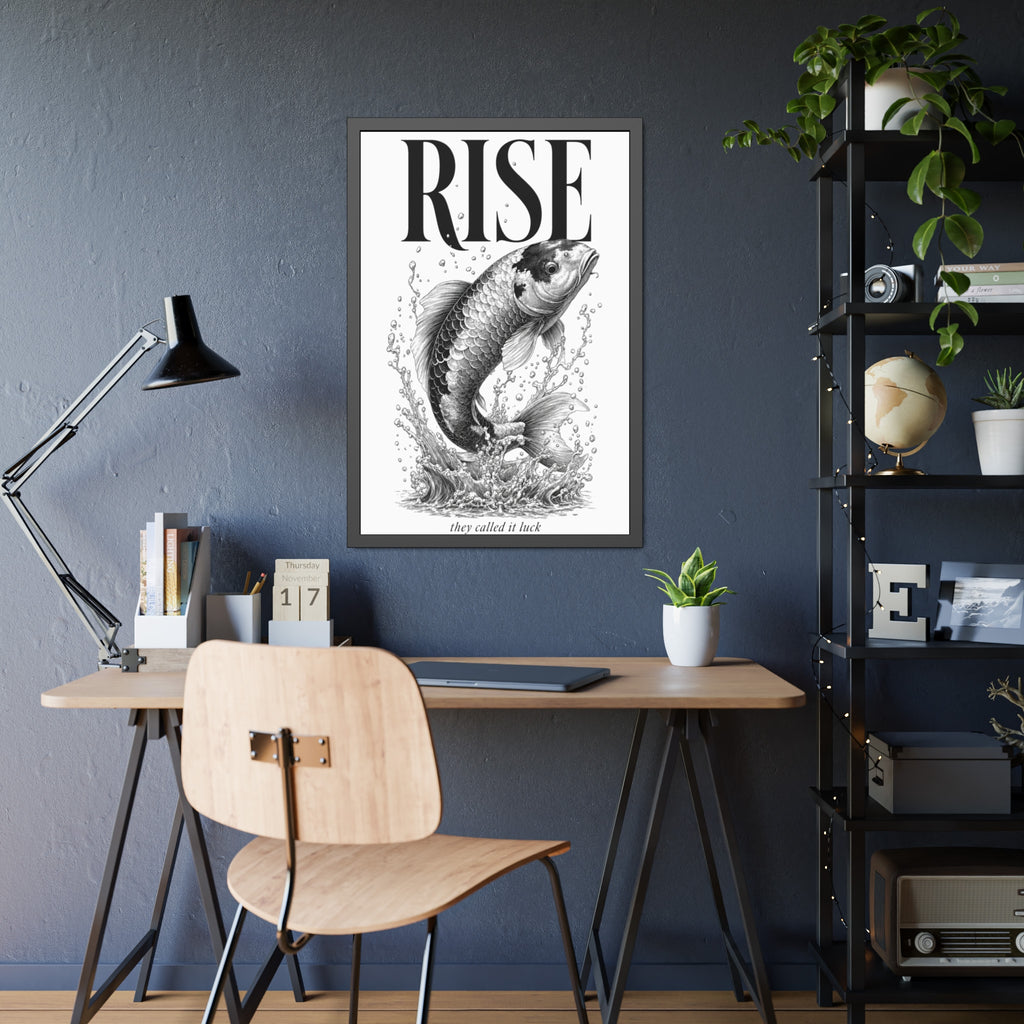 Rise Koi Fish Framed Art Print — Motivational Black & White Poster