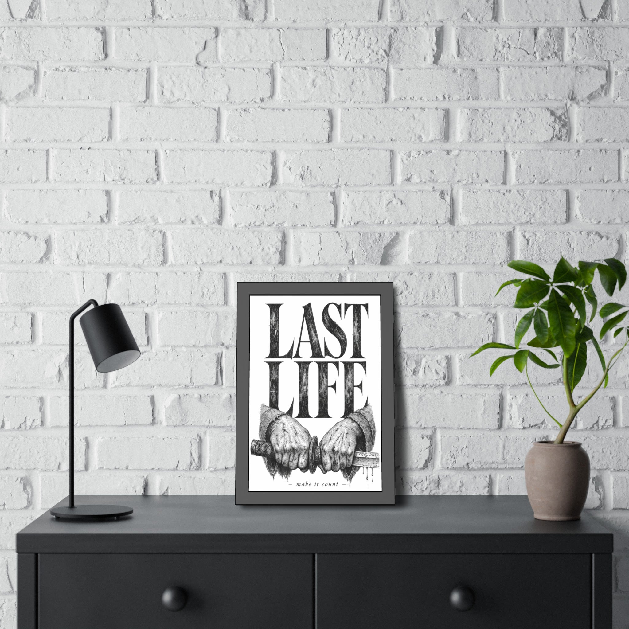 Framed Poster – "Last Life" Black & White Illustrated Art Print