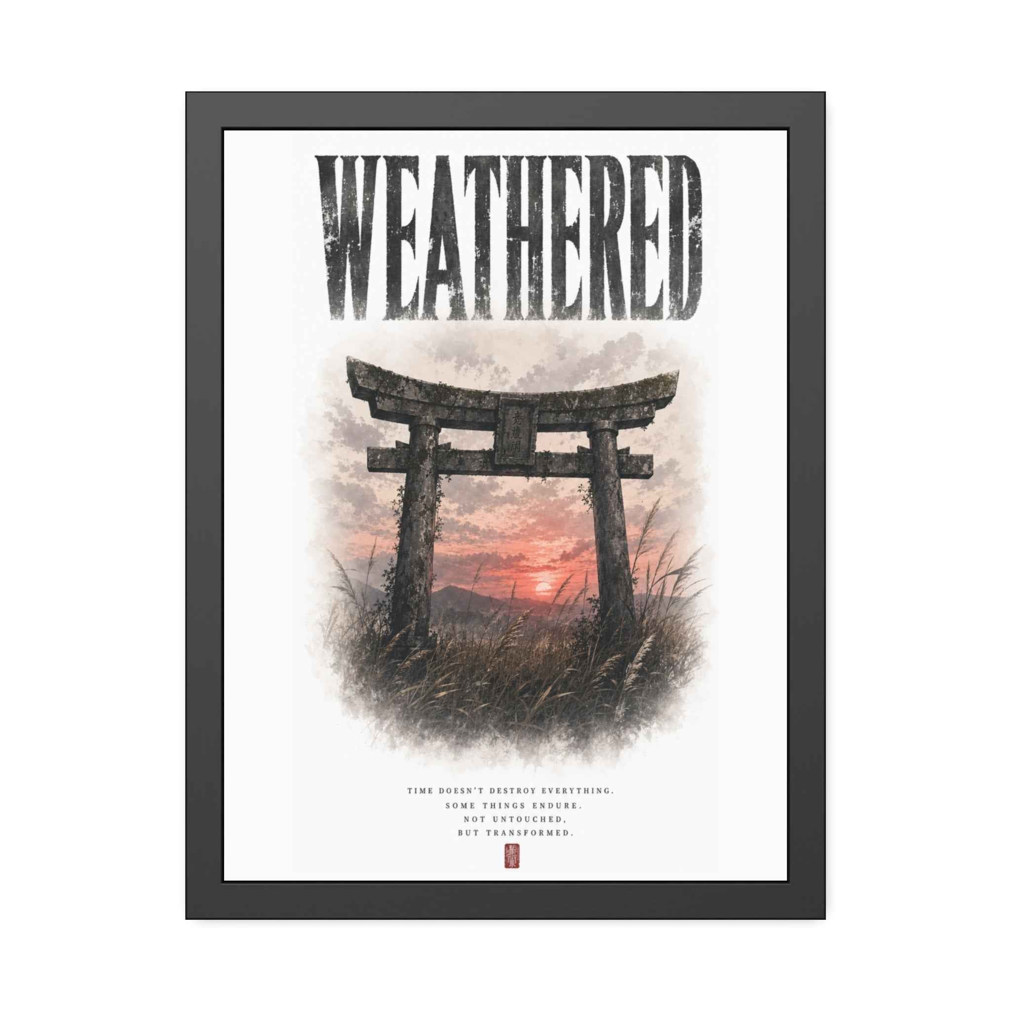 Weathered  Framed Poster — Japanese Shrine Sunset Wall Art