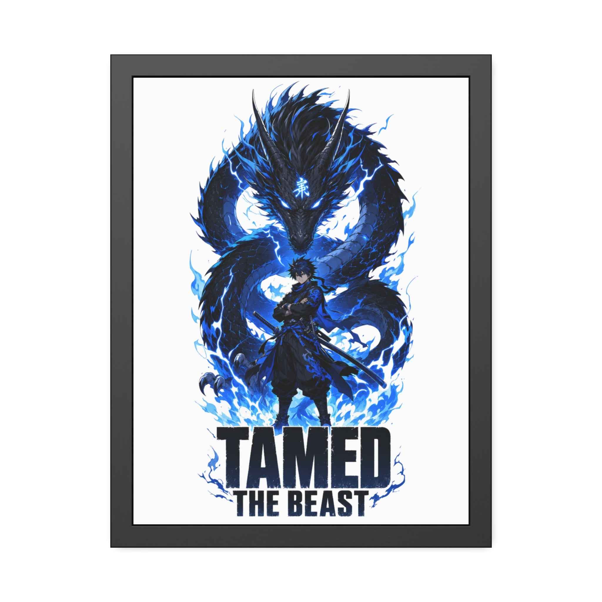 Framed Poster — "Tamed the Beast" Blue Dragon Fantasy Art