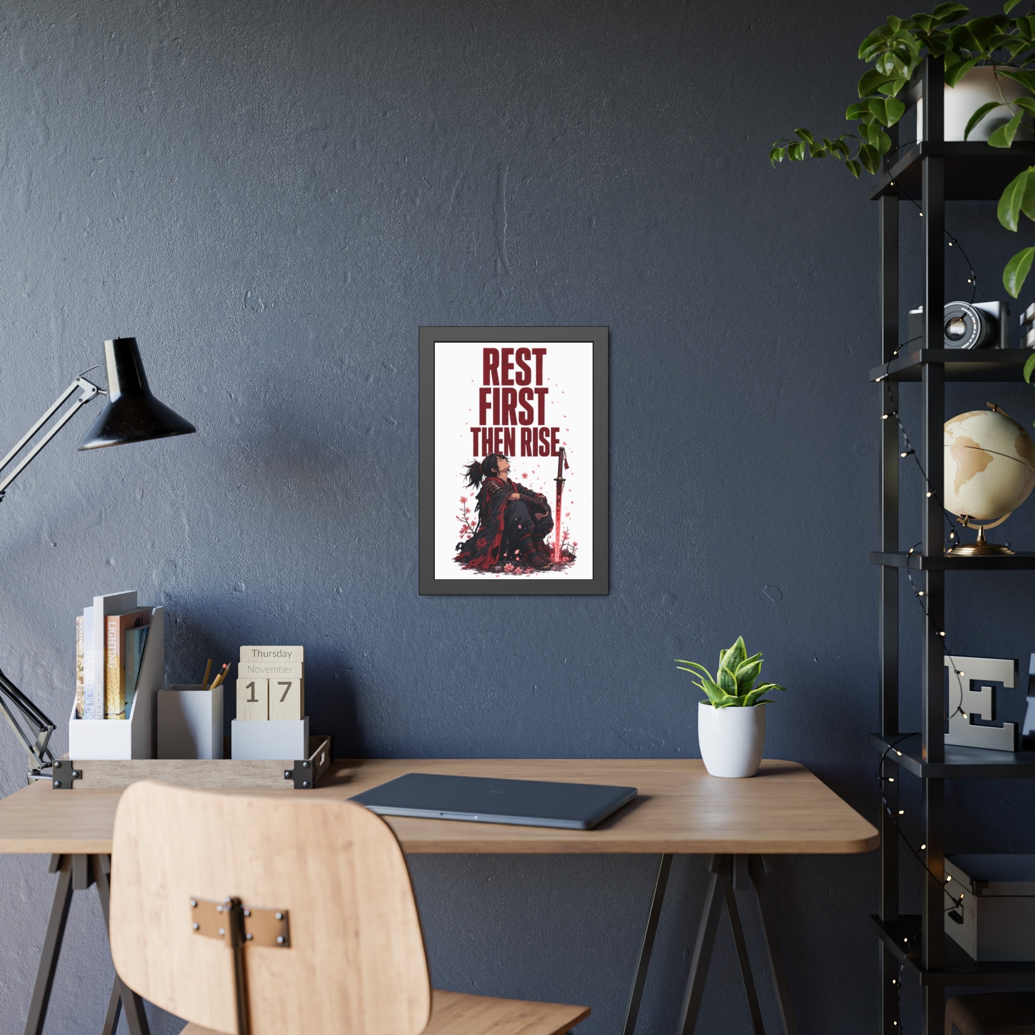 Framed Poster — "Rest First Then Rise" Inspirational Samurai Wall Art