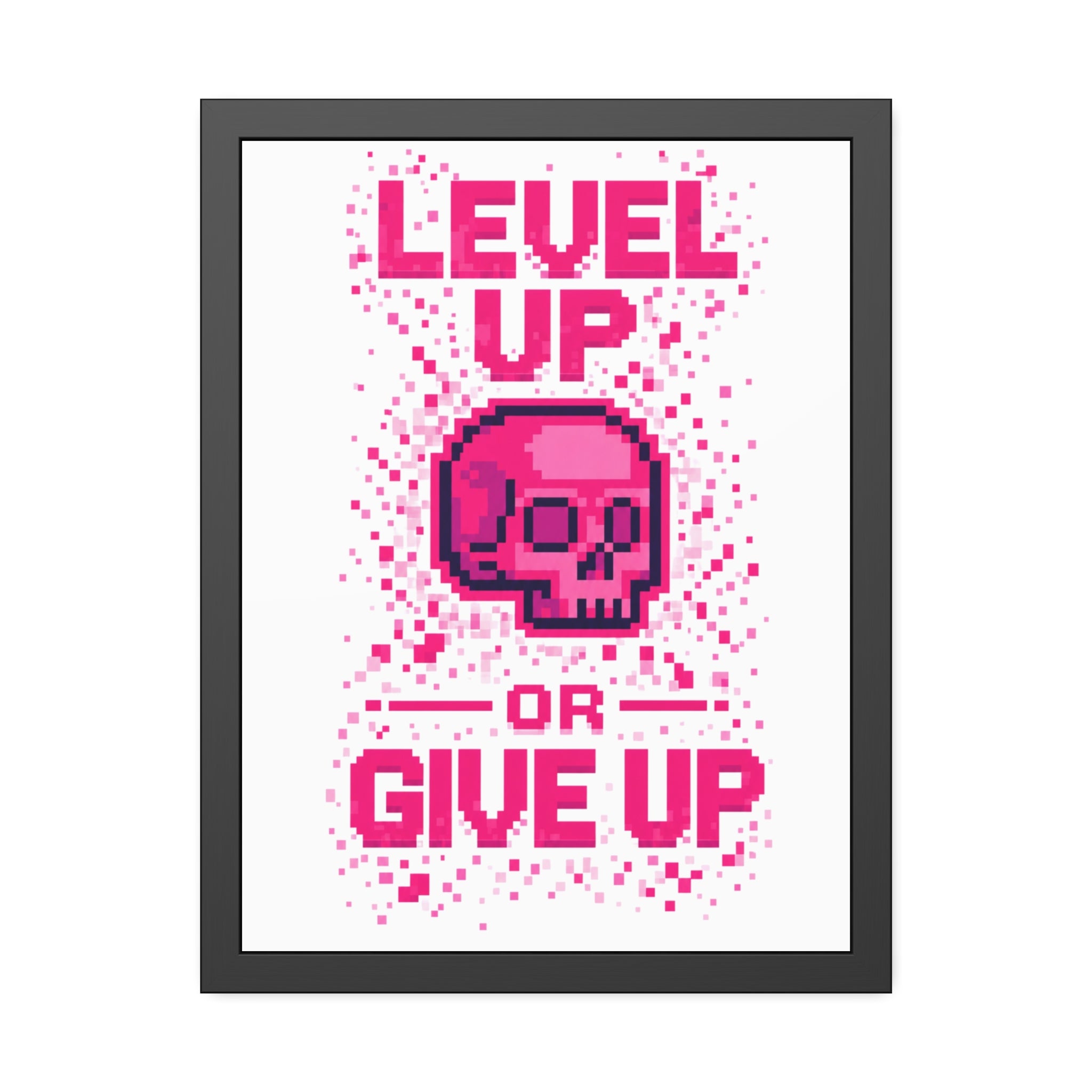Framed Poster — "Level Up or Give Up" Pixel Skull Motivational Wall Art