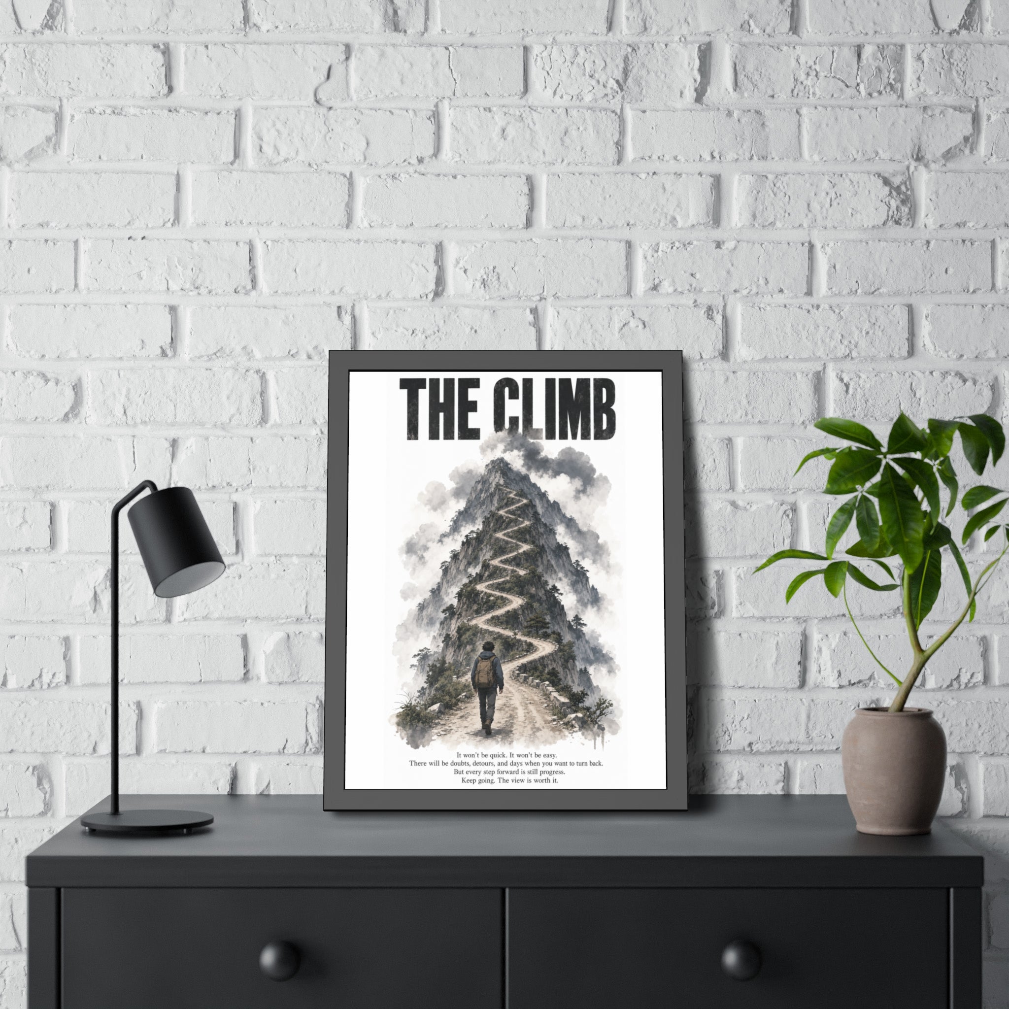 Framed Poster – "The Climb" Motivational Mountain Art Print