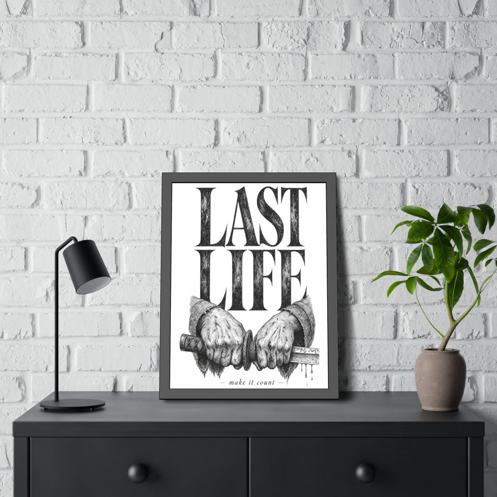 Framed Poster – "Last Life" Black & White Illustrated Art Print