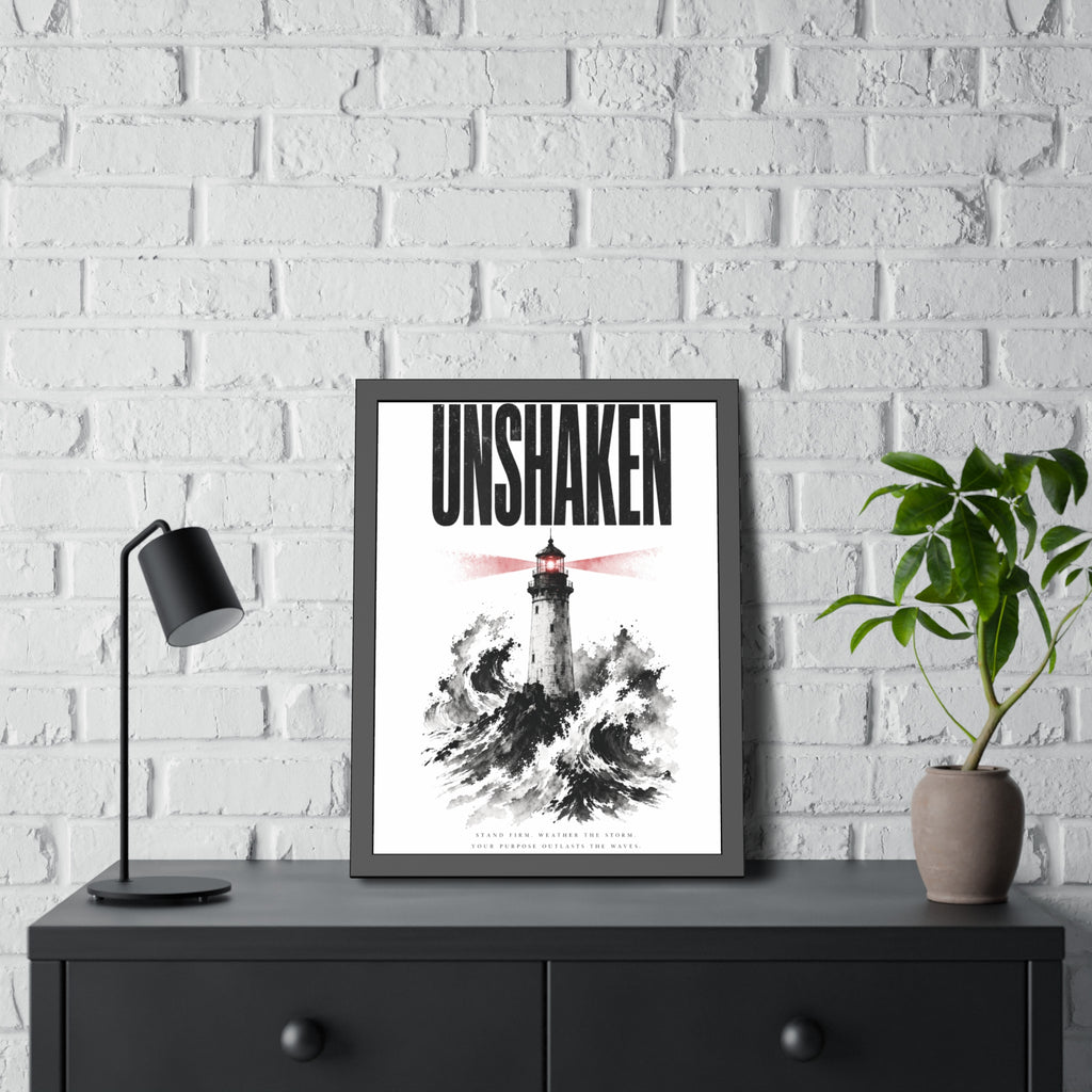 Framed Poster "UNSHAKEN" Lighthouse Art Print — Nautical Wall Decor