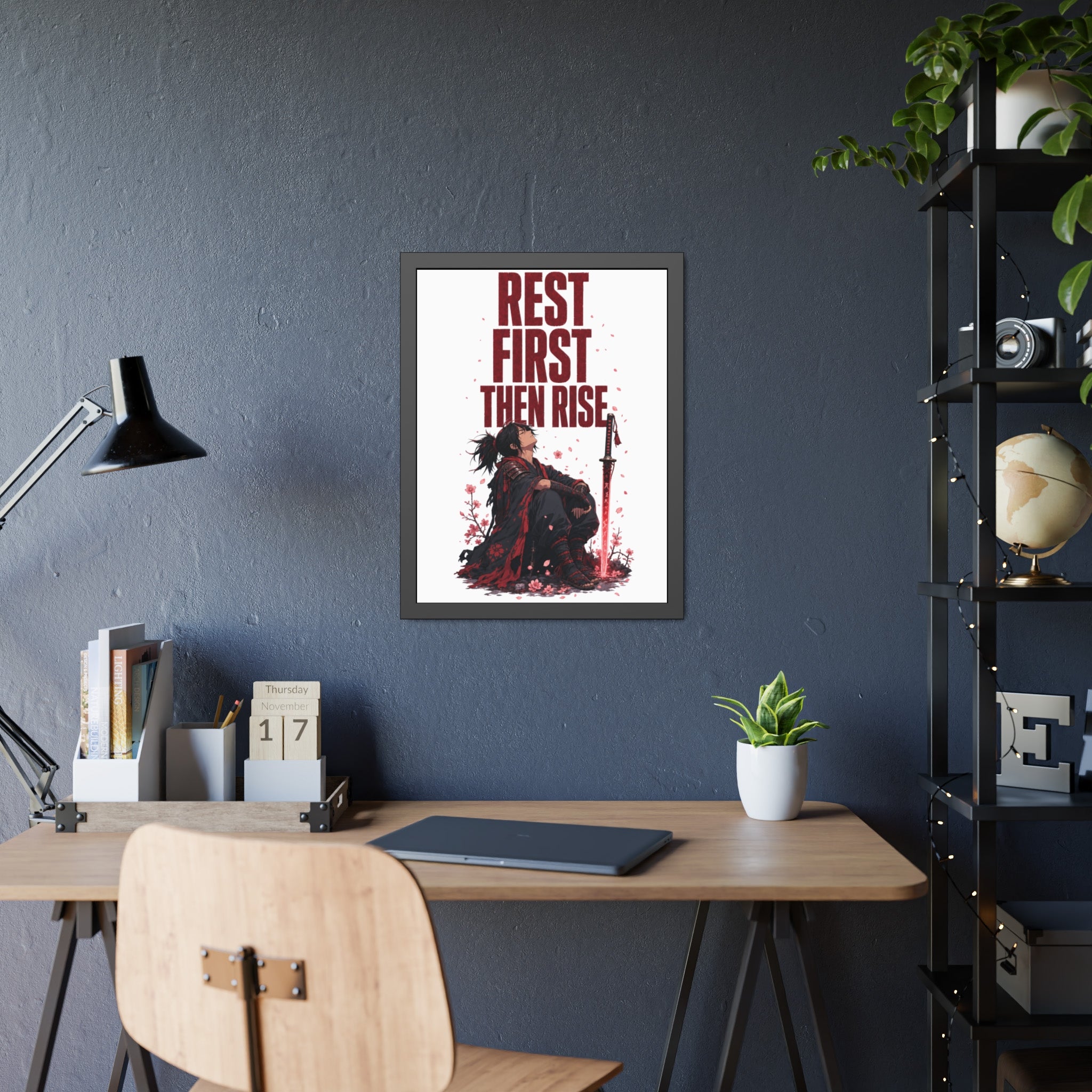 Framed Poster — "Rest First Then Rise" Inspirational Samurai Wall Art