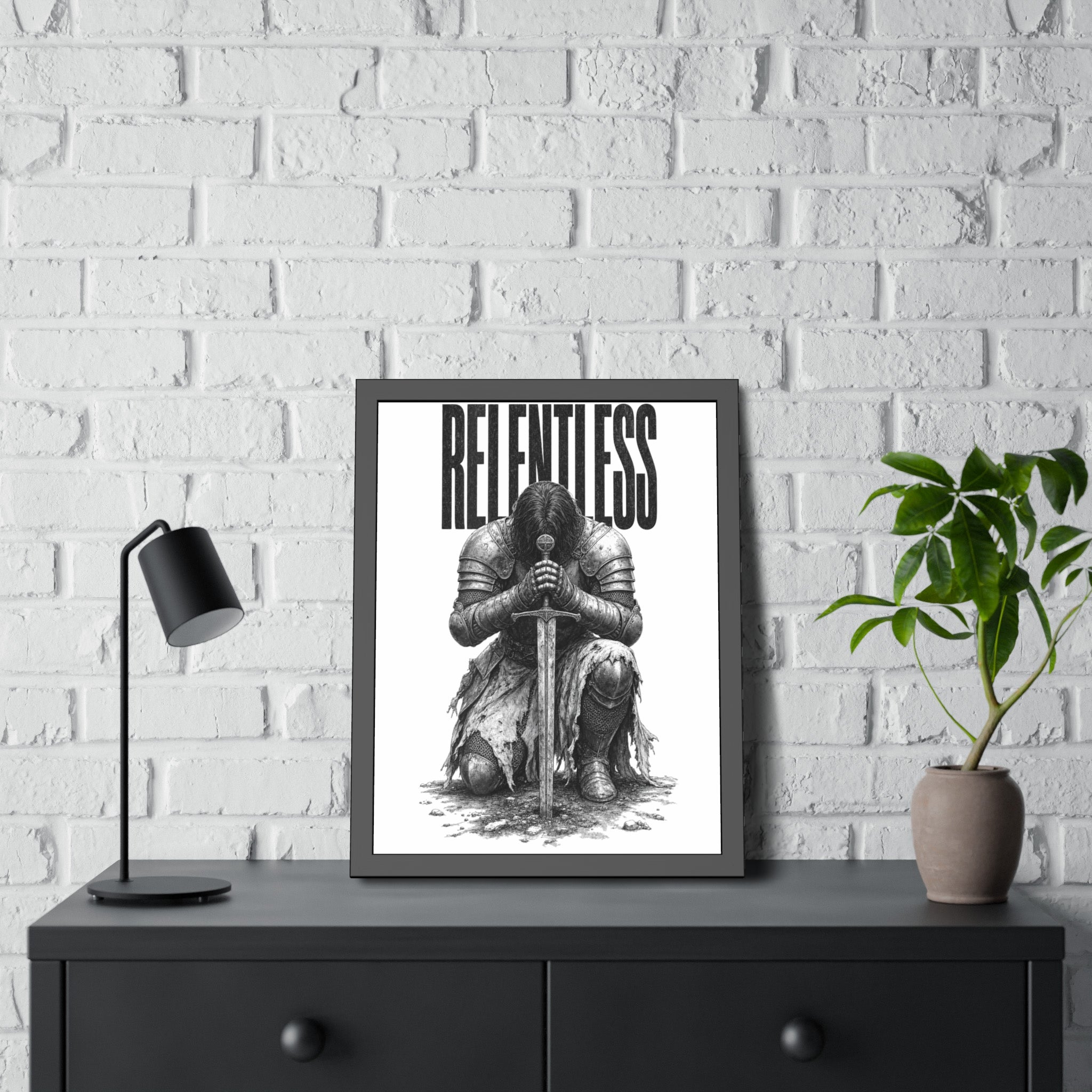 Relentless Knight Framed Paper Poster — Inspirational Medieval Armor Art