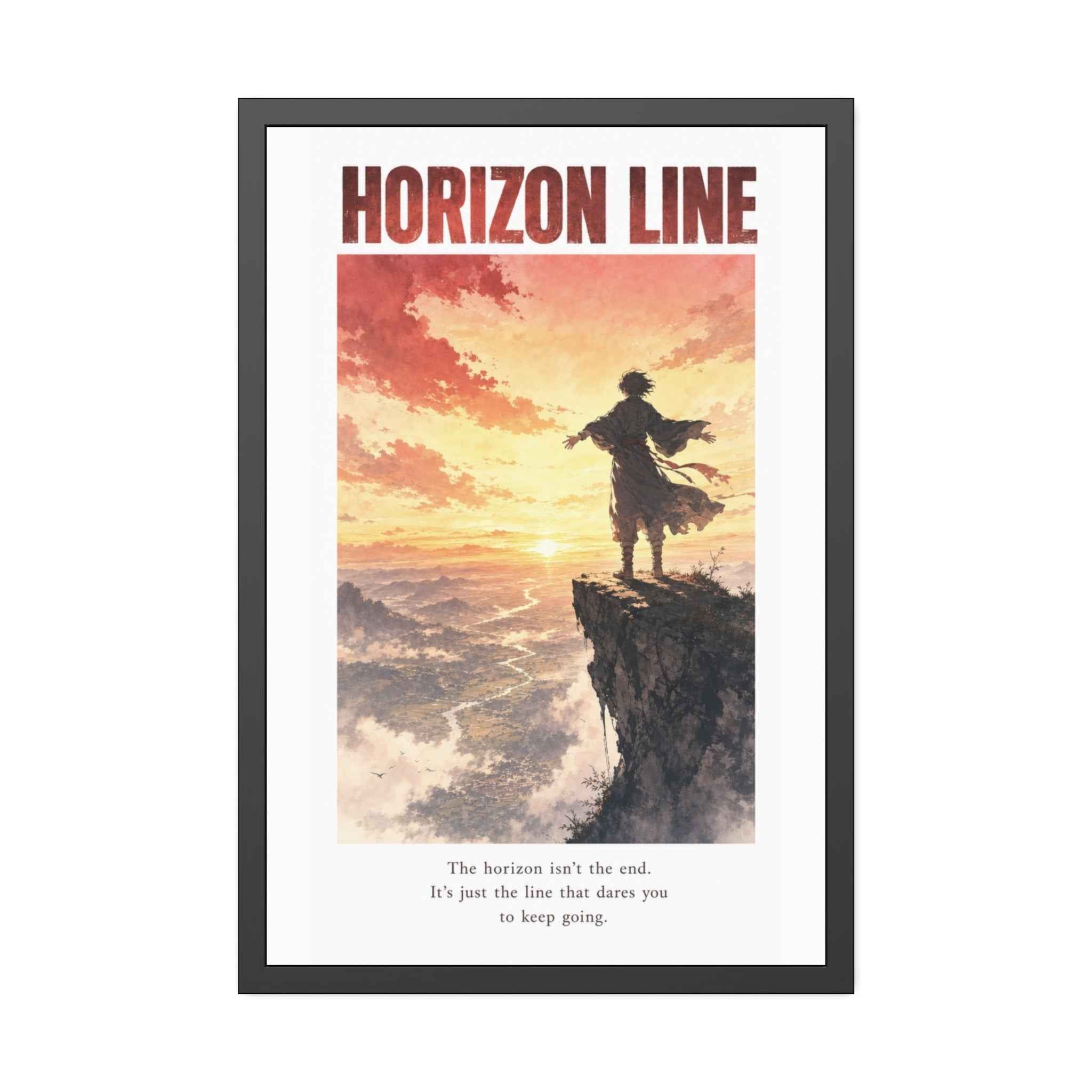 Horizon Line Framed Art Print — Inspirational Cliffside Sunset Poster