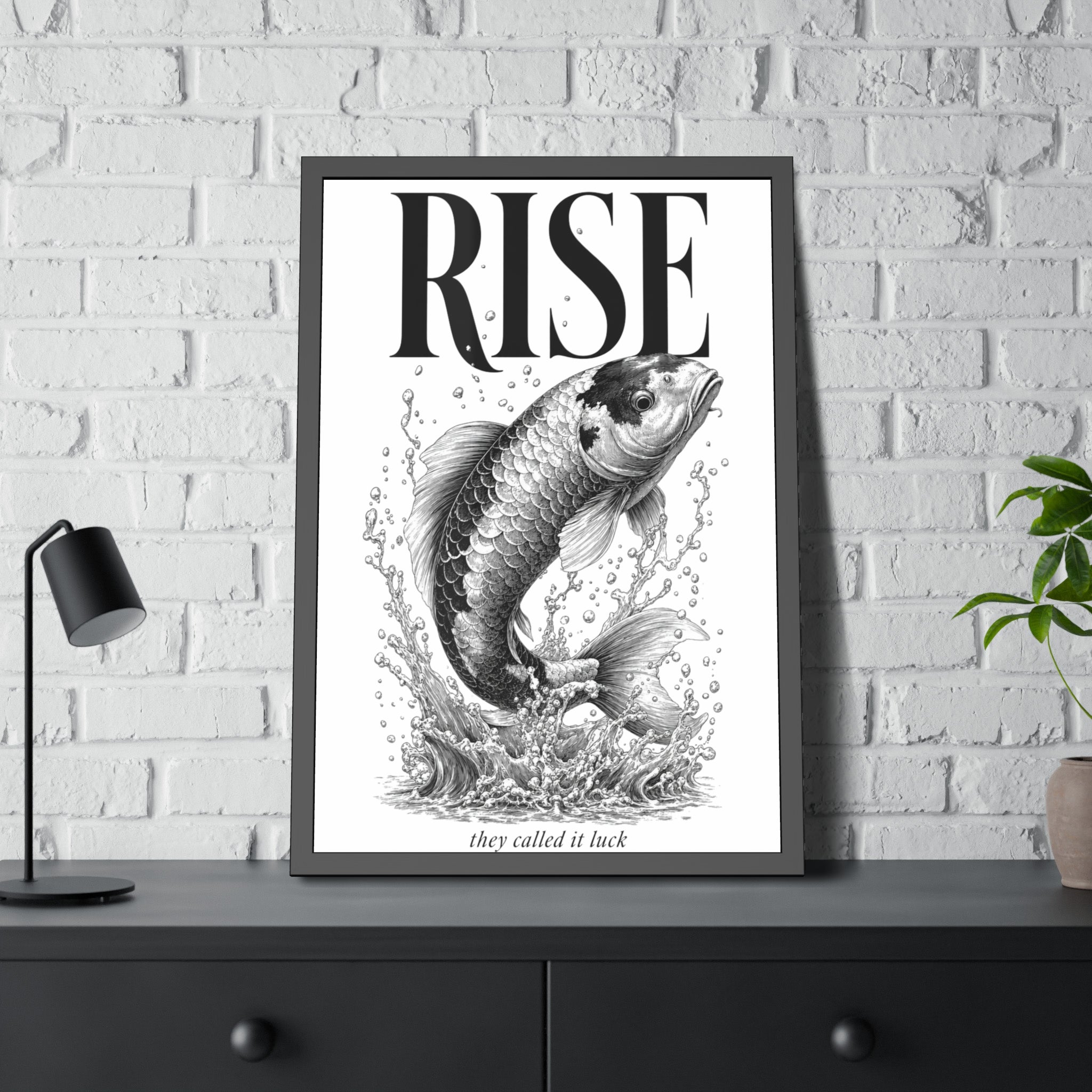 Rise Koi Fish Framed Art Print — Motivational Black & White Poster