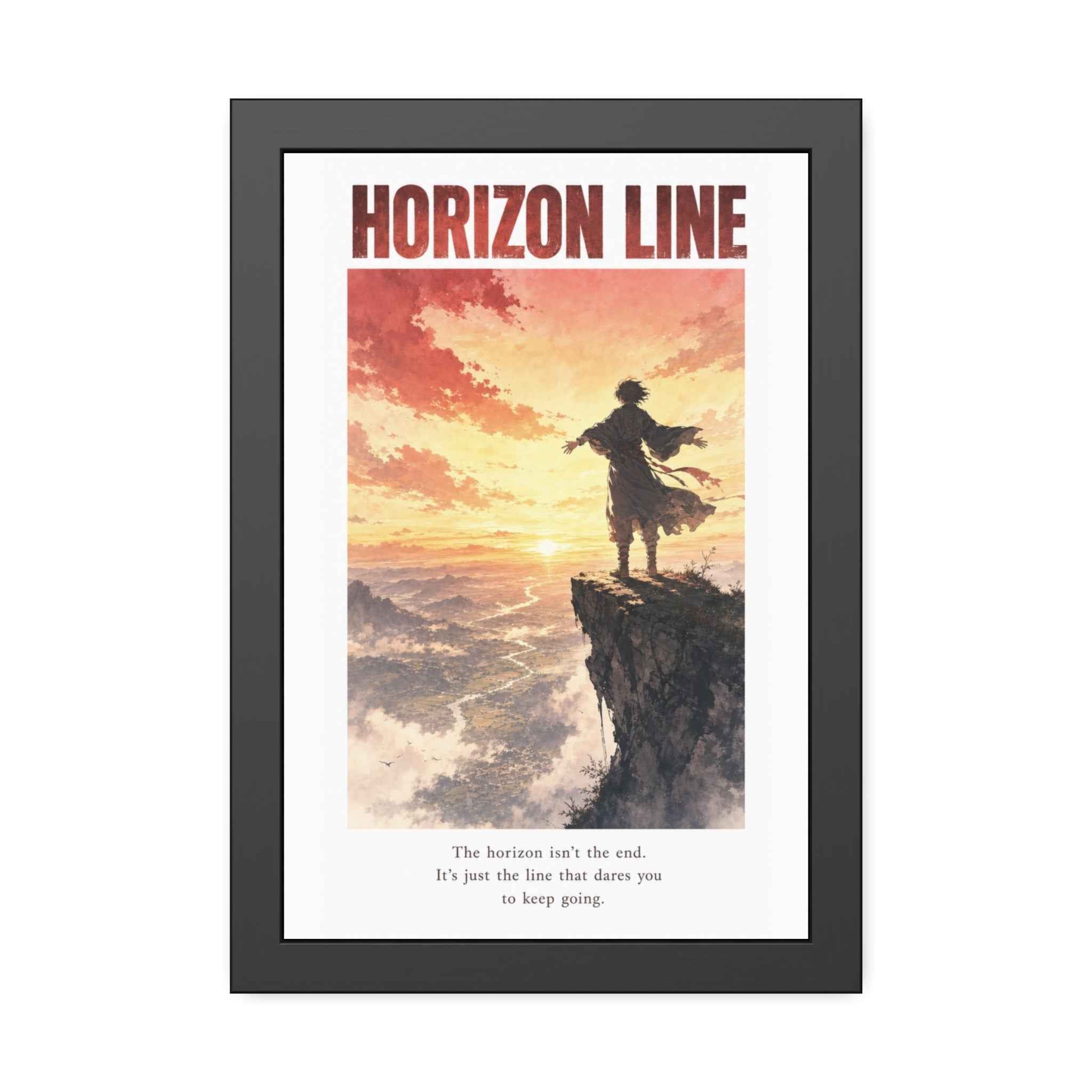 Horizon Line Framed Art Print — Inspirational Cliffside Sunset Poster