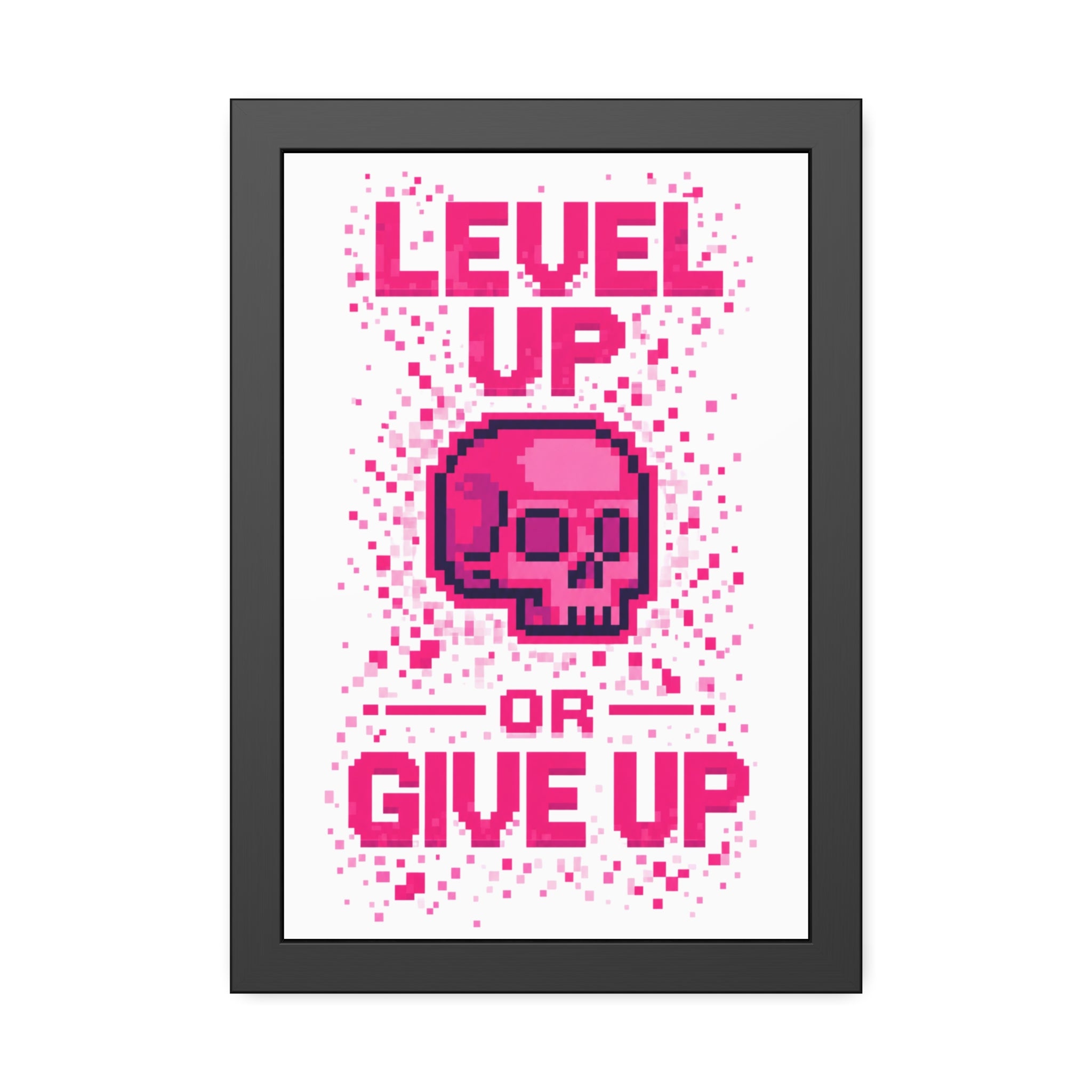 Framed Poster — "Level Up or Give Up" Pixel Skull Motivational Wall Art