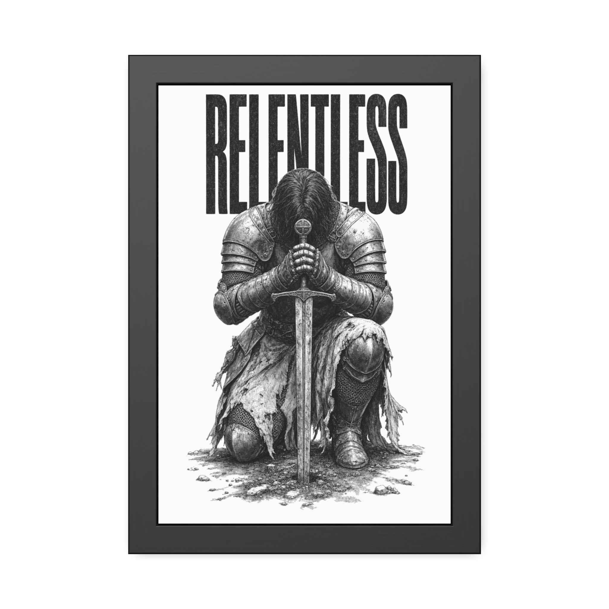 Relentless Knight Framed Paper Poster — Inspirational Medieval Armor Art