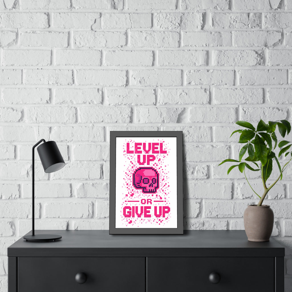 Framed Poster — "Level Up or Give Up" Pixel Skull Motivational Wall Art