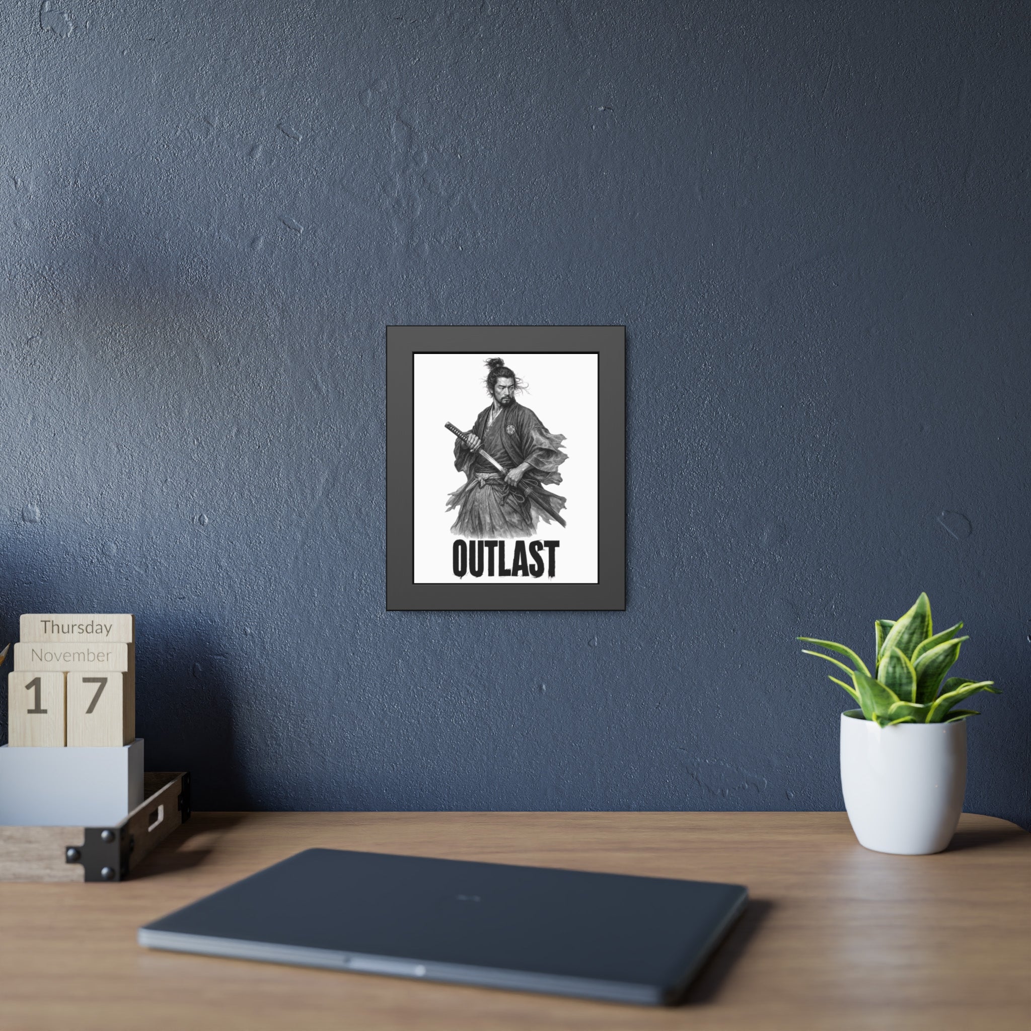 Framed Samurai 'OUTLAST' Paper Poster – Monochrome Warrior Wall Art