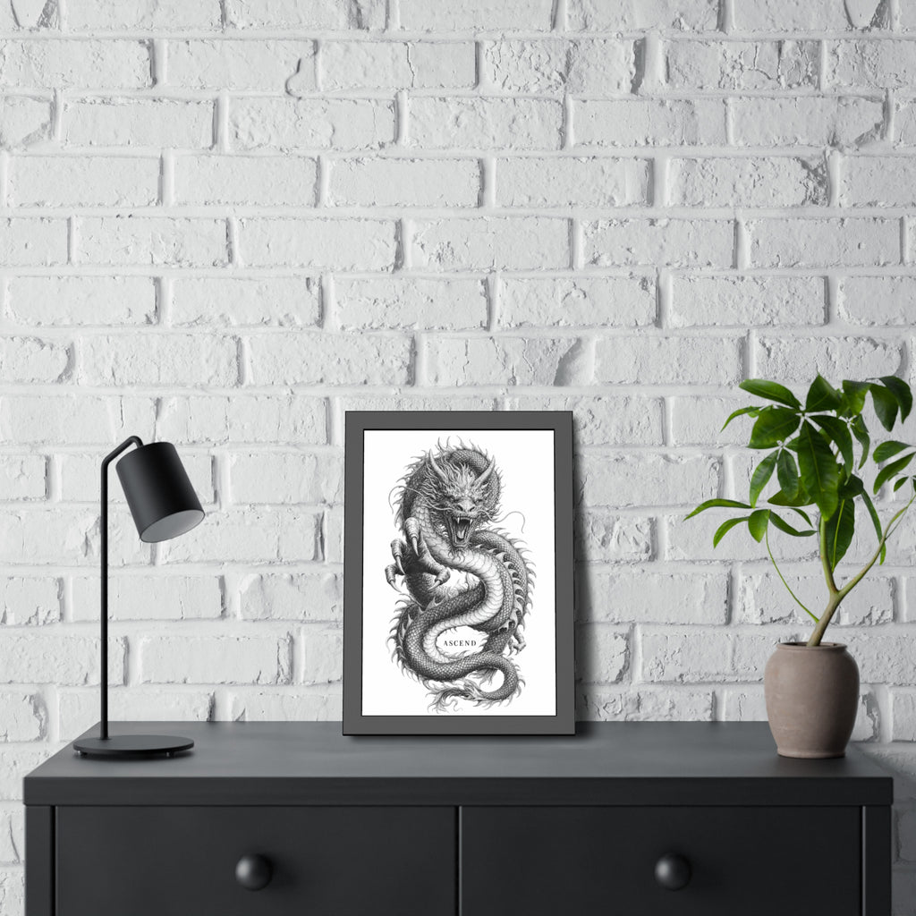Framed Dragon Art Print — Black & White 'Ascend' Poster