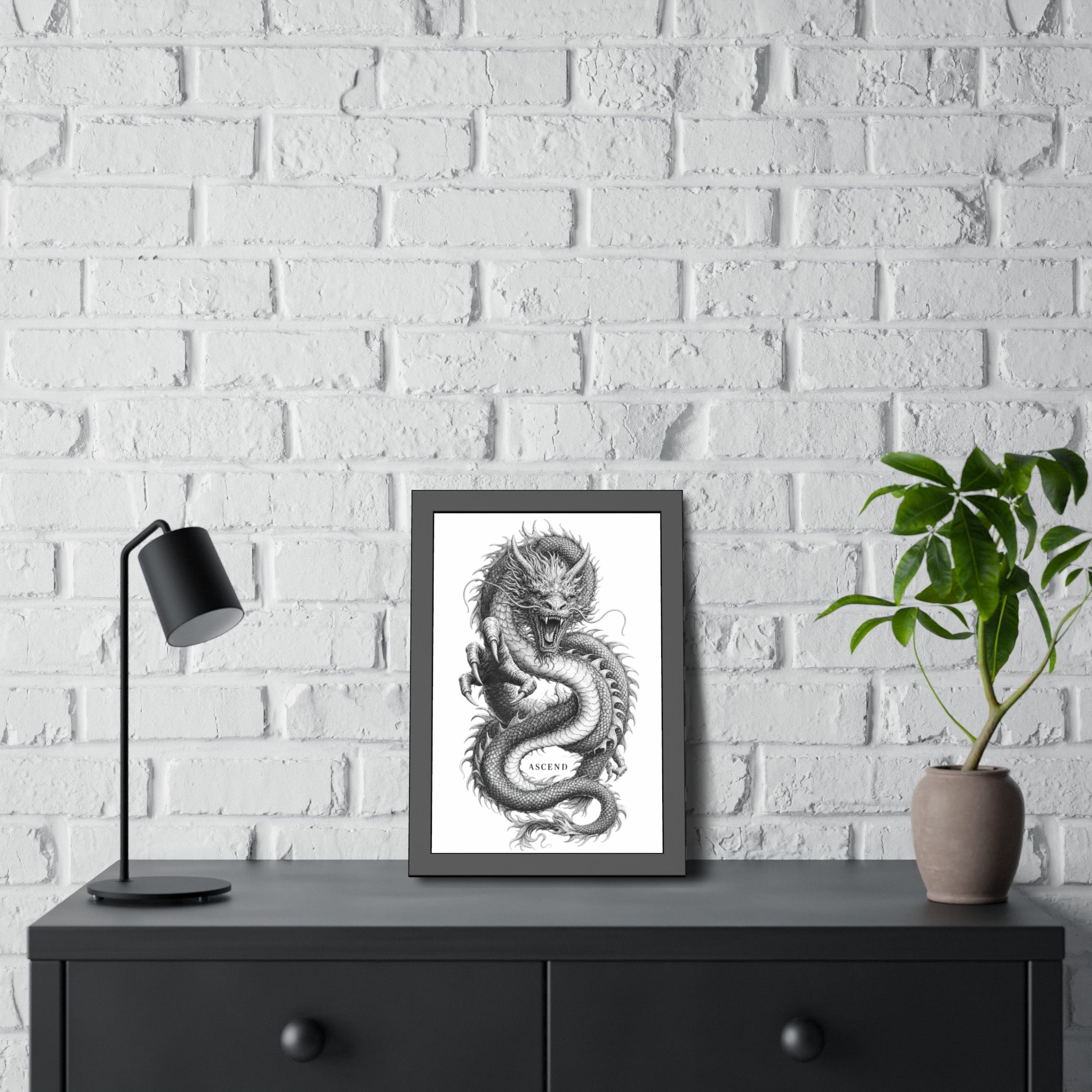 Framed Dragon Art Print — Black & White 'Ascend' Poster